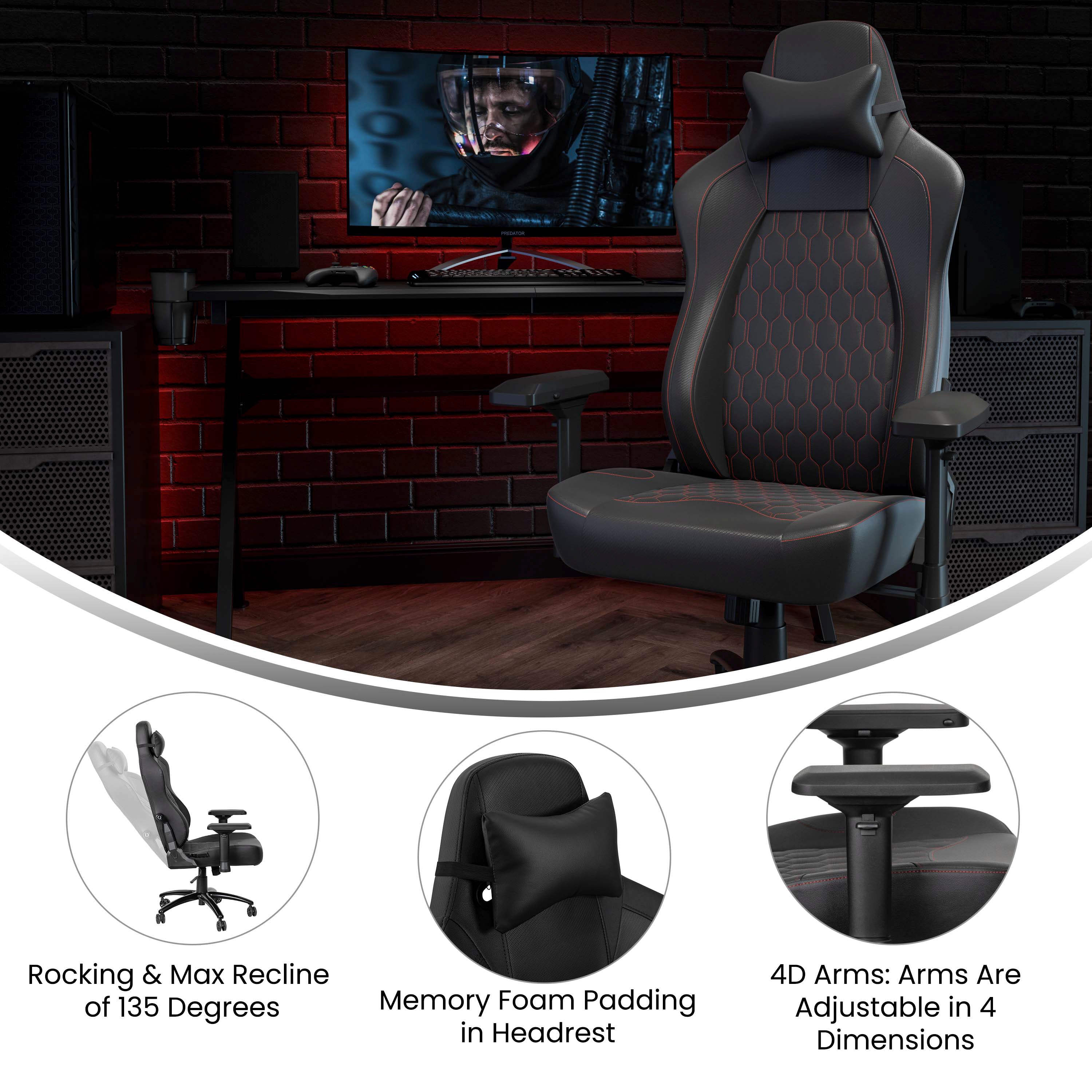 Falco Ergonomic High Back Adjustable Gaming Chair with 4D Armrests, Headrest Pillow, and Adjustable Lumbar Support, Black with Red Stitching
