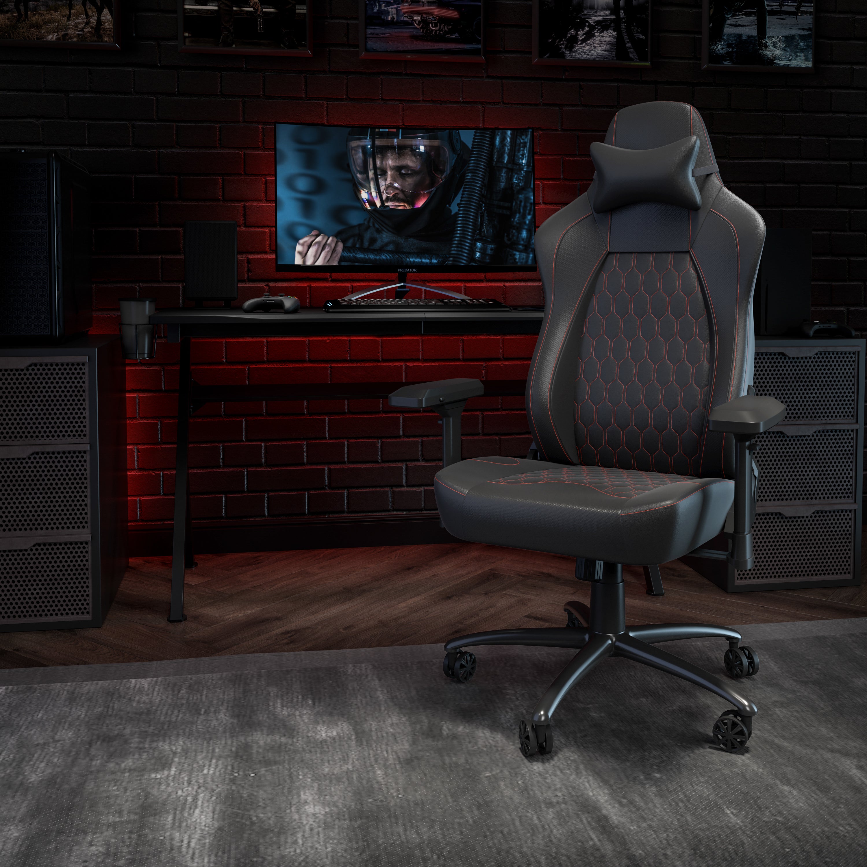 Falco Ergonomic High Back Adjustable Gaming Chair with 4D Armrests, Headrest Pillow, and Adjustable Lumbar Support, Black with Red Stitching