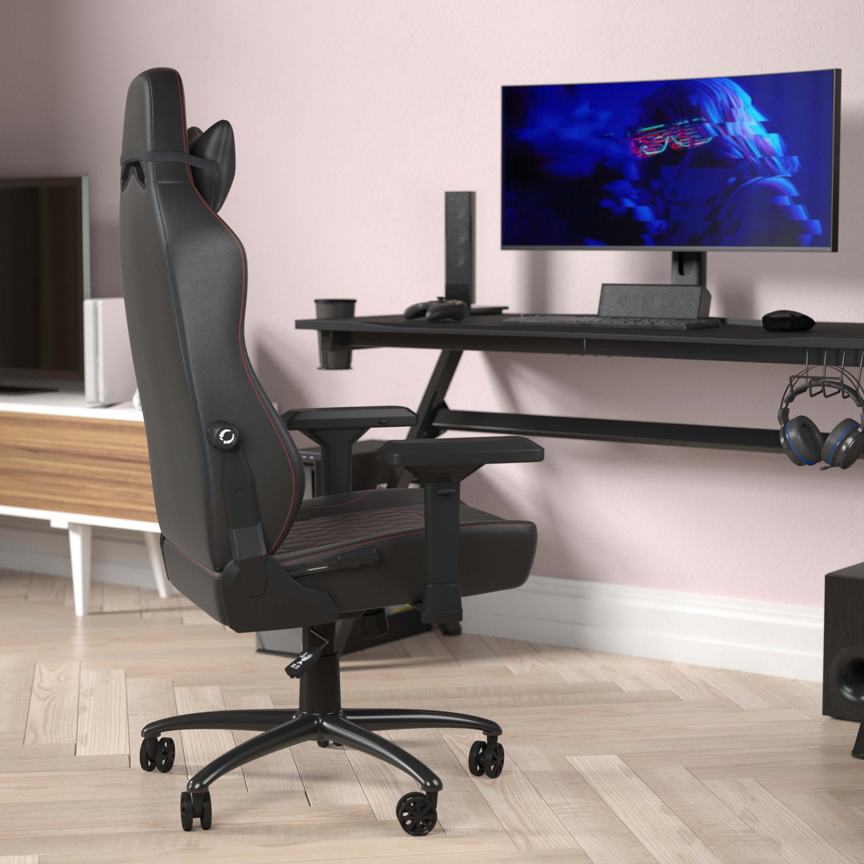 Falco Ergonomic High Back Adjustable Gaming Chair with 4D Armrests, Headrest Pillow, and Adjustable Lumbar Support, Black with Red Stitching
