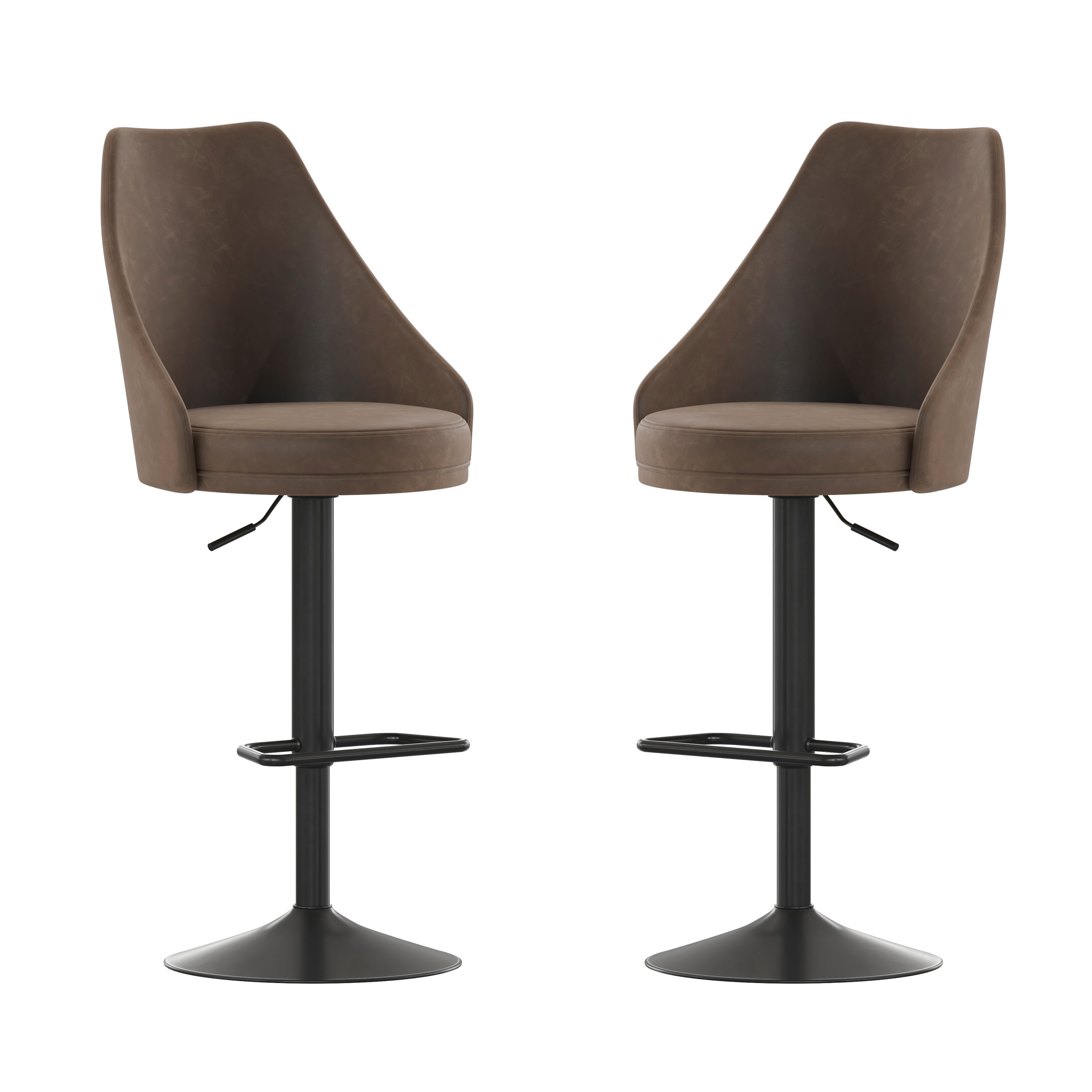 Chrishelle Set of 2 Commercial Adjustable Height Barstools with LeatherSoft Upholstered Tufted Seats and Pedestal Base with Footring, Brown