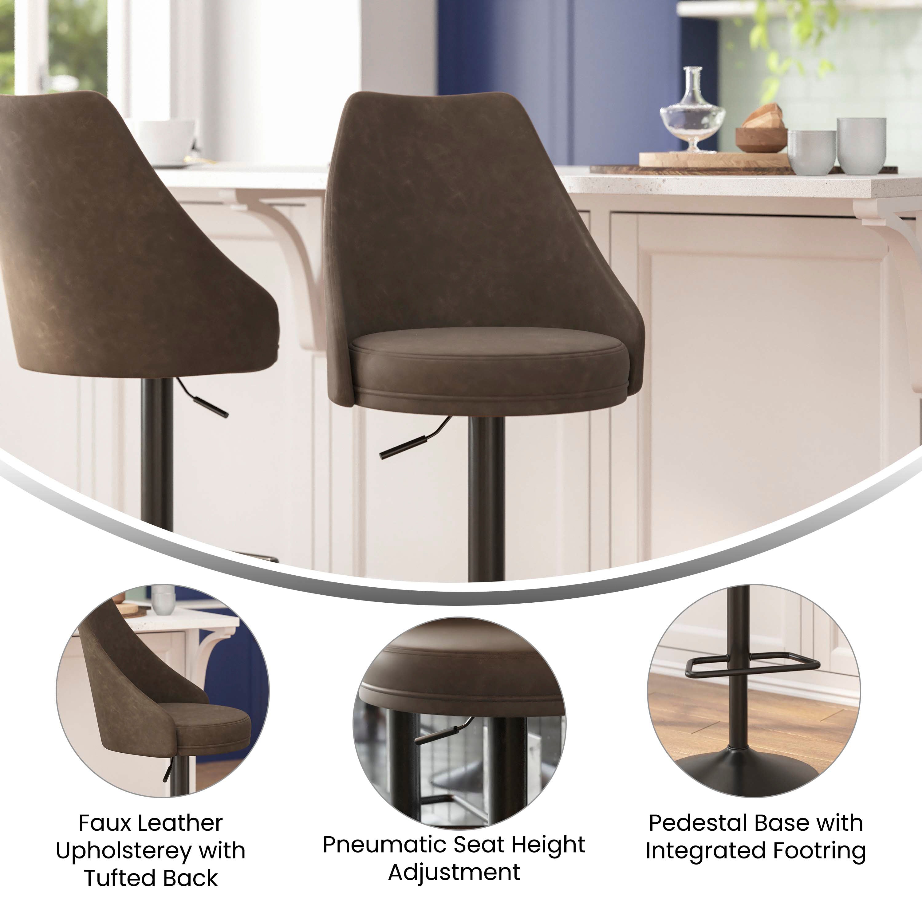 Chrishelle Set of 2 Commercial Adjustable Height Barstools with LeatherSoft Upholstered Tufted Seats and Pedestal Base with Footring, Brown