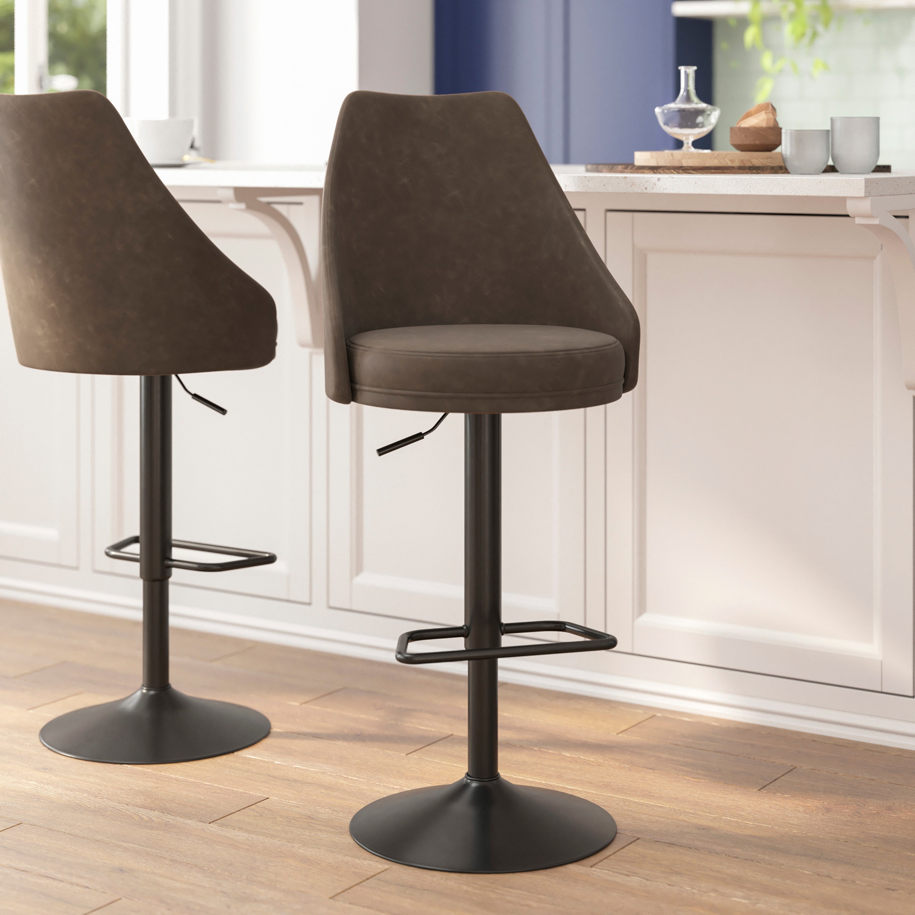 Chrishelle Set of 2 Commercial Adjustable Height Barstools with LeatherSoft Upholstered Tufted Seats and Pedestal Base with Footring, Brown