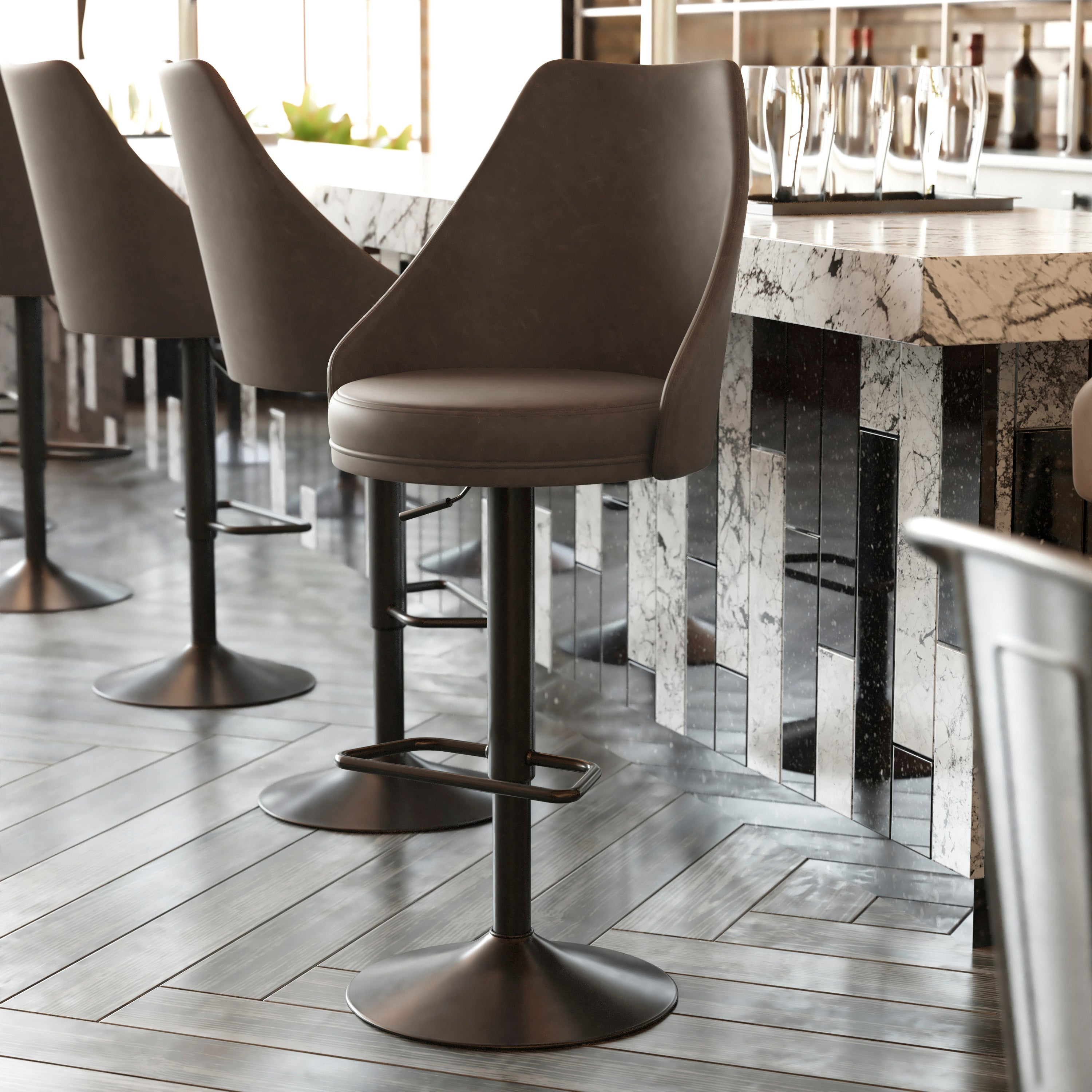 Chrishelle Set of 2 Commercial Adjustable Height Barstools with LeatherSoft Upholstered Tufted Seats and Pedestal Base with Footring, Brown