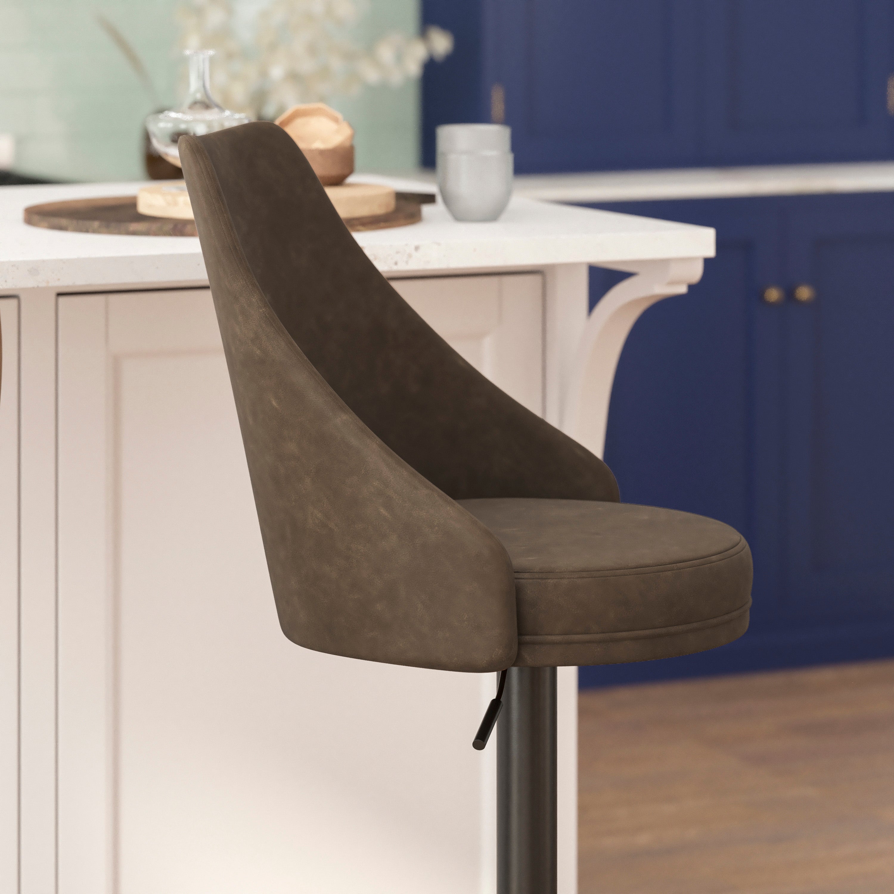 Chrishelle Set of 2 Commercial Adjustable Height Barstools with LeatherSoft Upholstered Tufted Seats and Pedestal Base with Footring, Brown