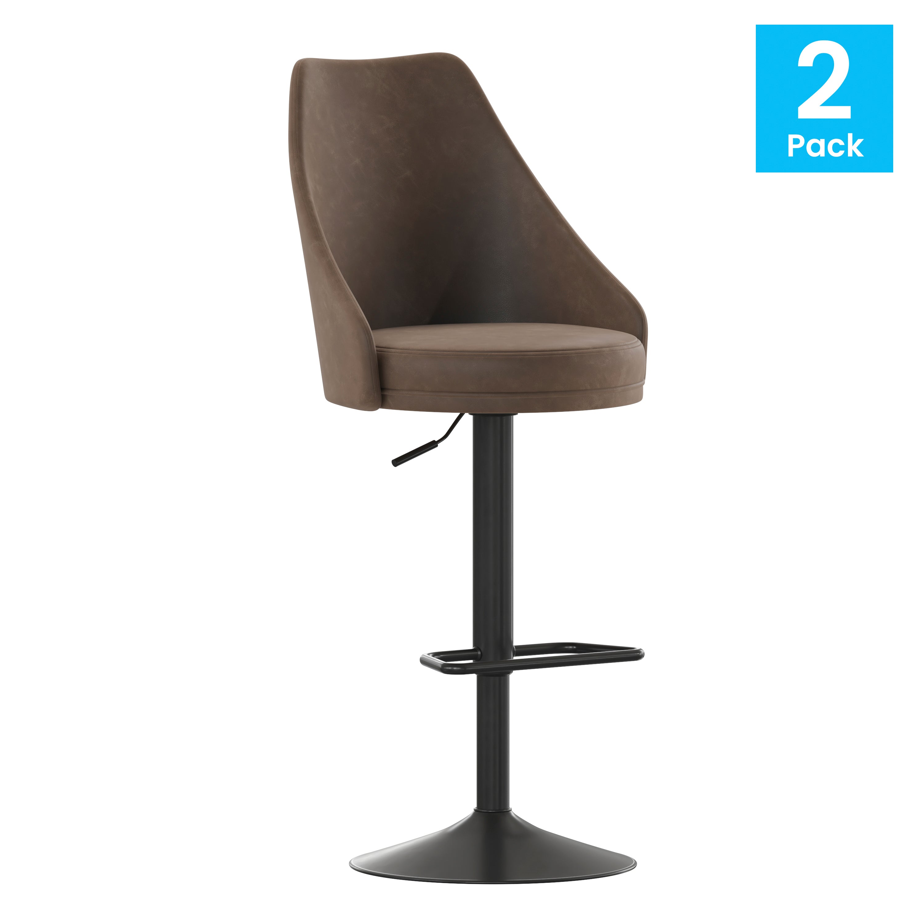 Chrishelle Set of 2 Commercial Adjustable Height Barstools with LeatherSoft Upholstered Tufted Seats and Pedestal Base with Footring, Brown