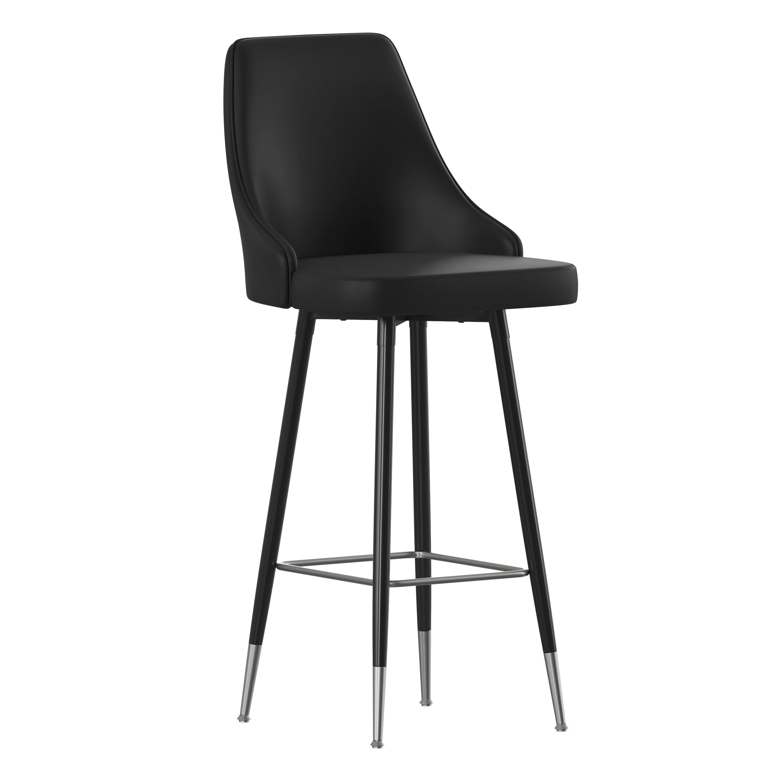 Shelly Set of 2 Commercial LeatherSoft Bar Height Stools with Solid Black Metal Frames and Chrome Accented Feet and Footrests, Black