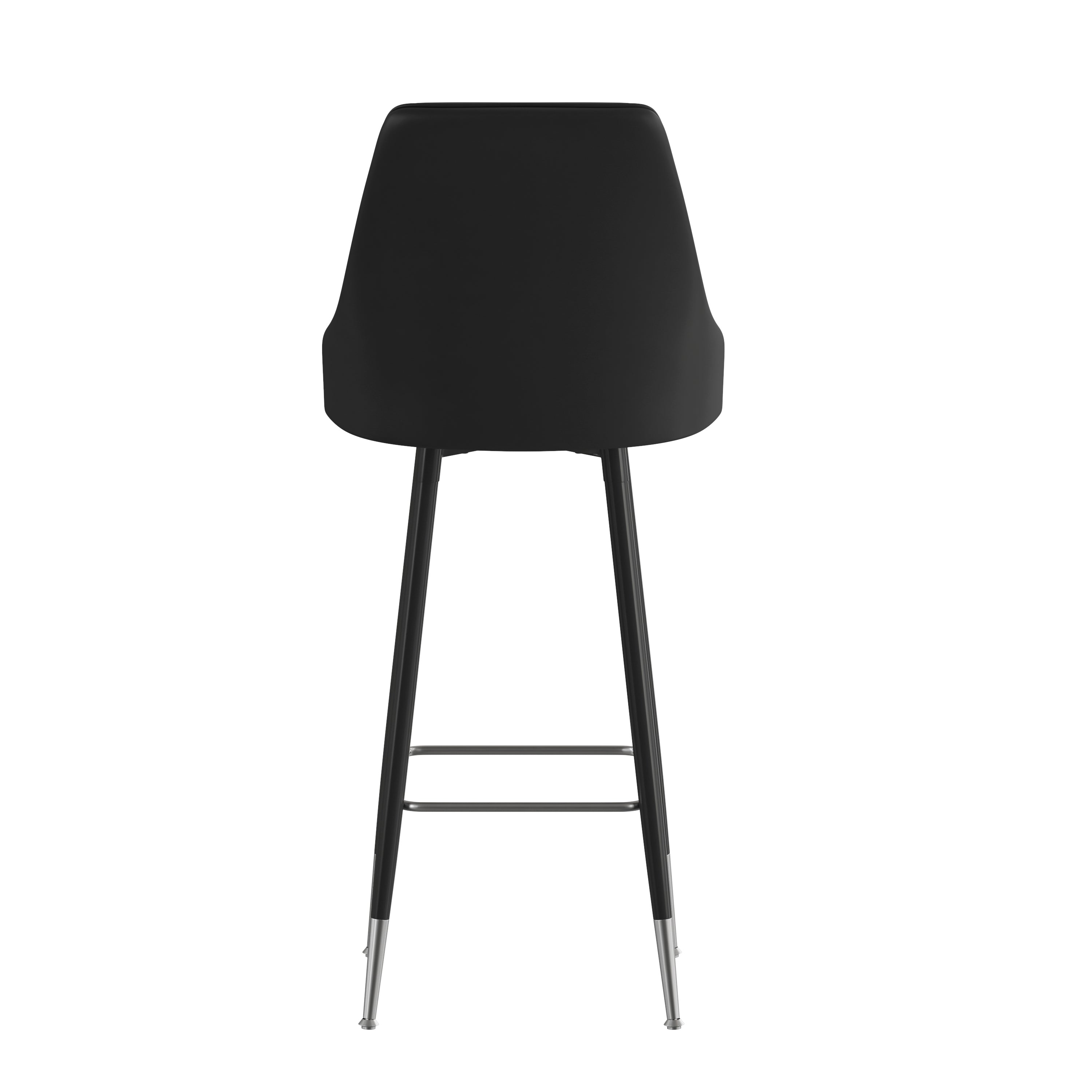 Shelly Set of 2 Commercial LeatherSoft Bar Height Stools with Solid Black Metal Frames and Chrome Accented Feet and Footrests, Black