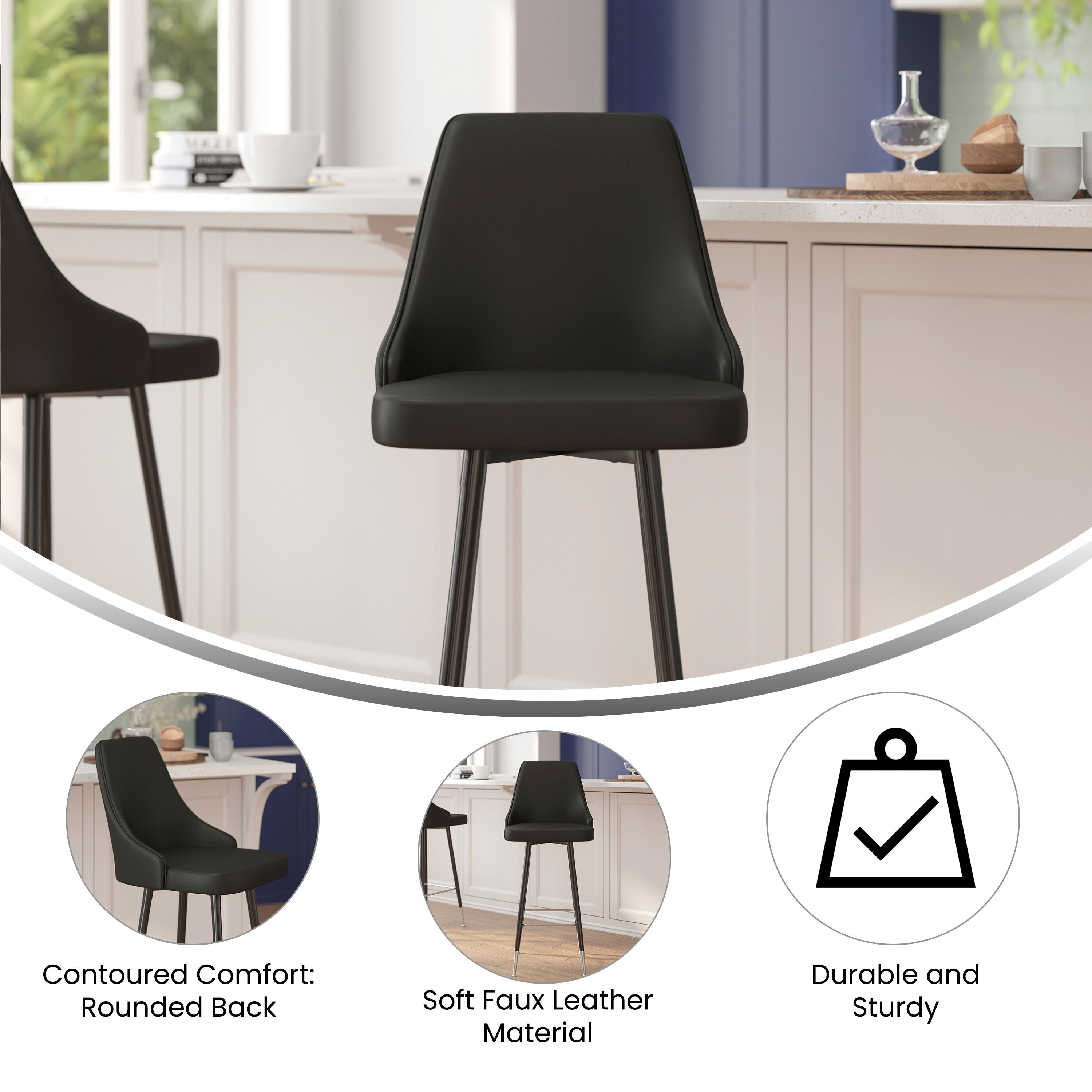 Shelly Set of 2 Commercial LeatherSoft Bar Height Stools with Solid Black Metal Frames and Chrome Accented Feet and Footrests, Black