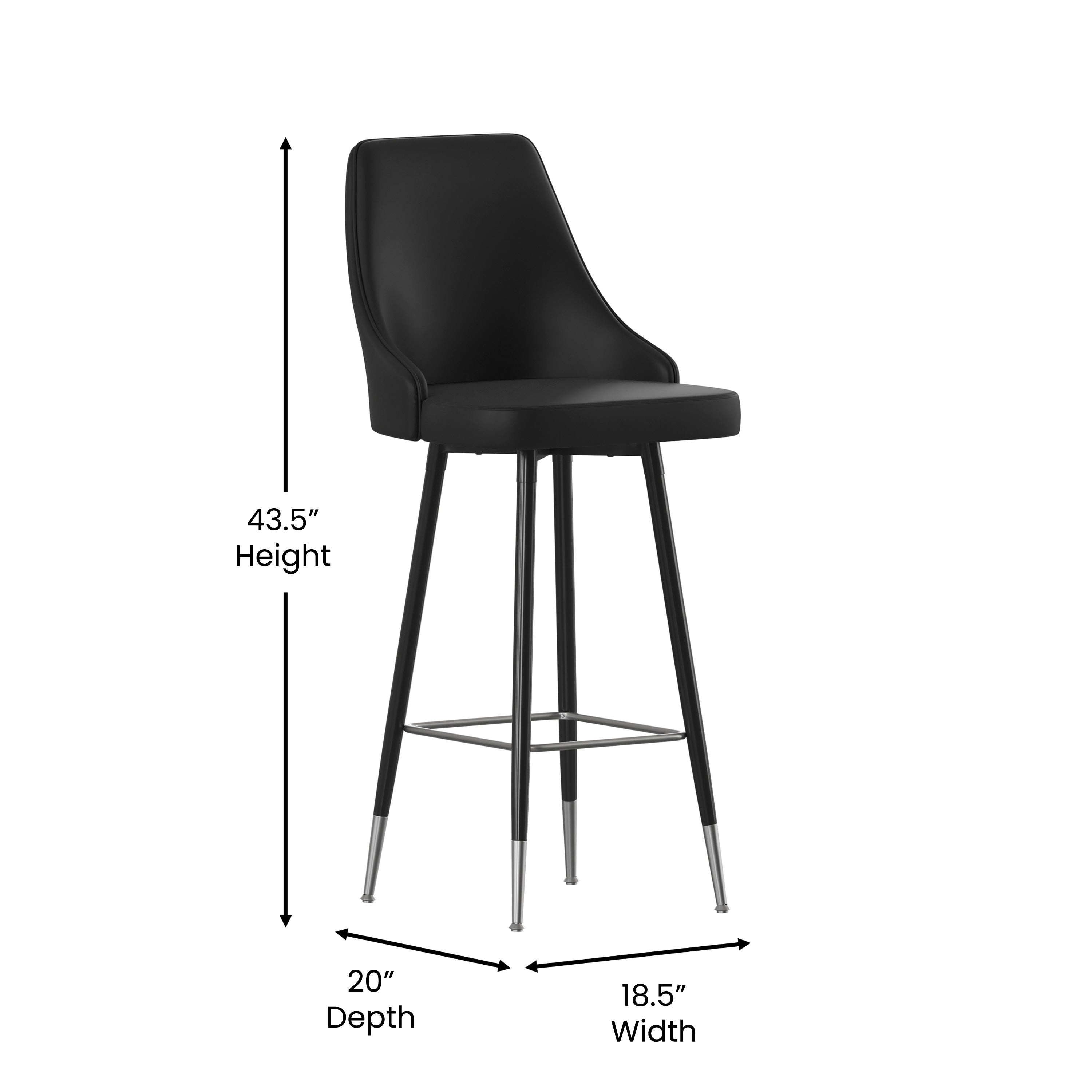 Shelly Set of 2 Commercial LeatherSoft Bar Height Stools with Solid Black Metal Frames and Chrome Accented Feet and Footrests, Black