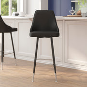 Shelly Set of 2 Commercial LeatherSoft Bar Height Stools with Solid Black Metal Frames and Chrome Accented Feet and Footrests, Black