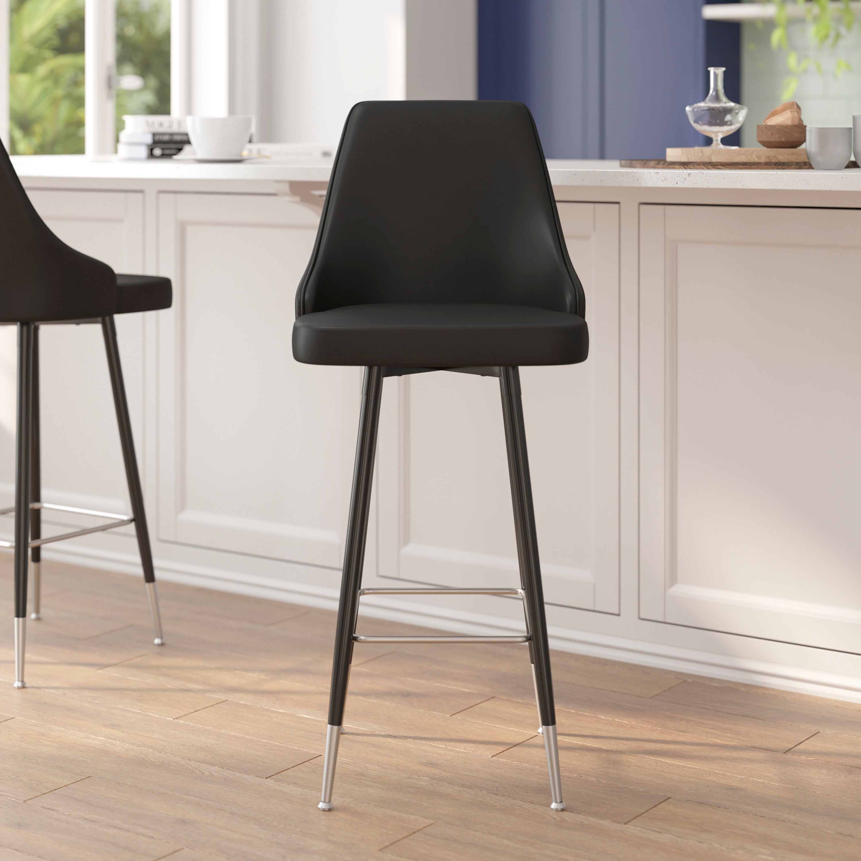 Shelly Set of 2 Commercial LeatherSoft Bar Height Stools with Solid Black Metal Frames and Chrome Accented Feet and Footrests, Black