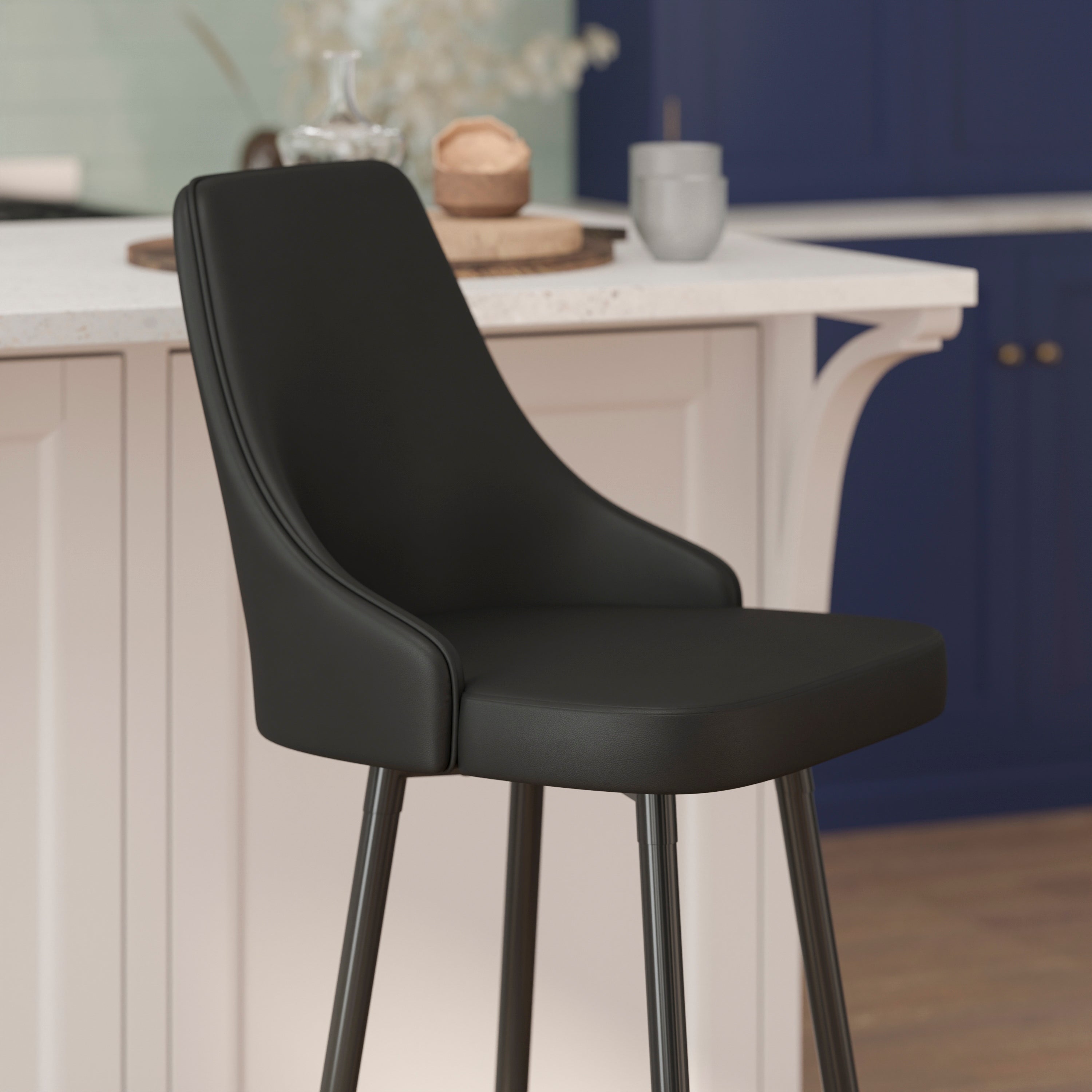 Shelly Set of 2 Commercial LeatherSoft Bar Height Stools with Solid Black Metal Frames and Chrome Accented Feet and Footrests, Black