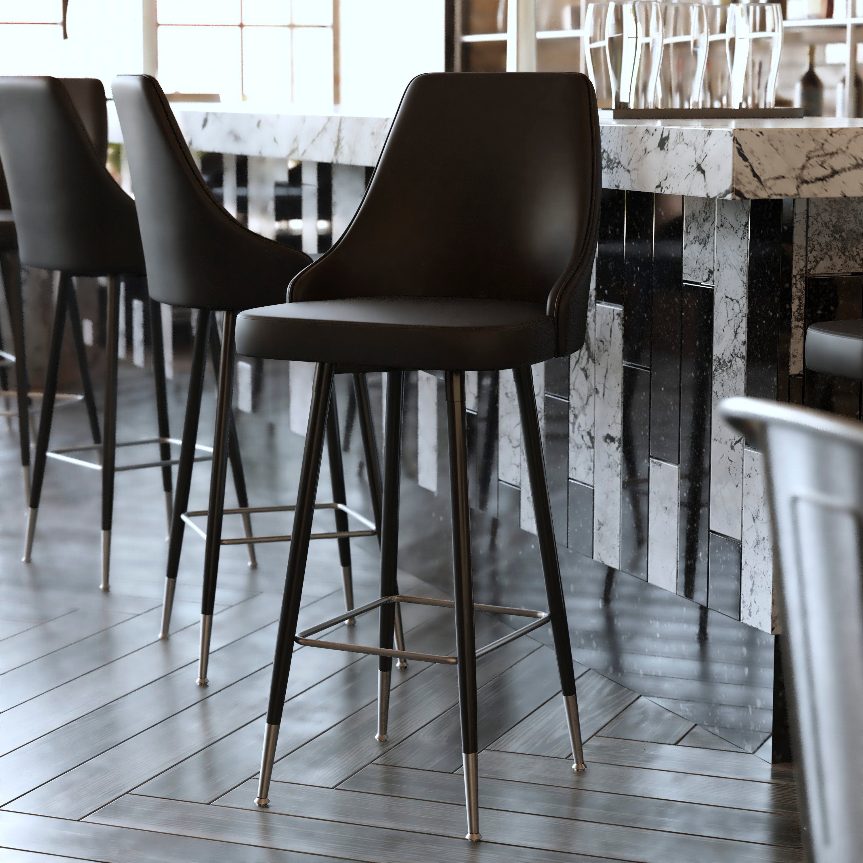 Shelly Set of 2 Commercial LeatherSoft Bar Height Stools with Solid Black Metal Frames and Chrome Accented Feet and Footrests, Black