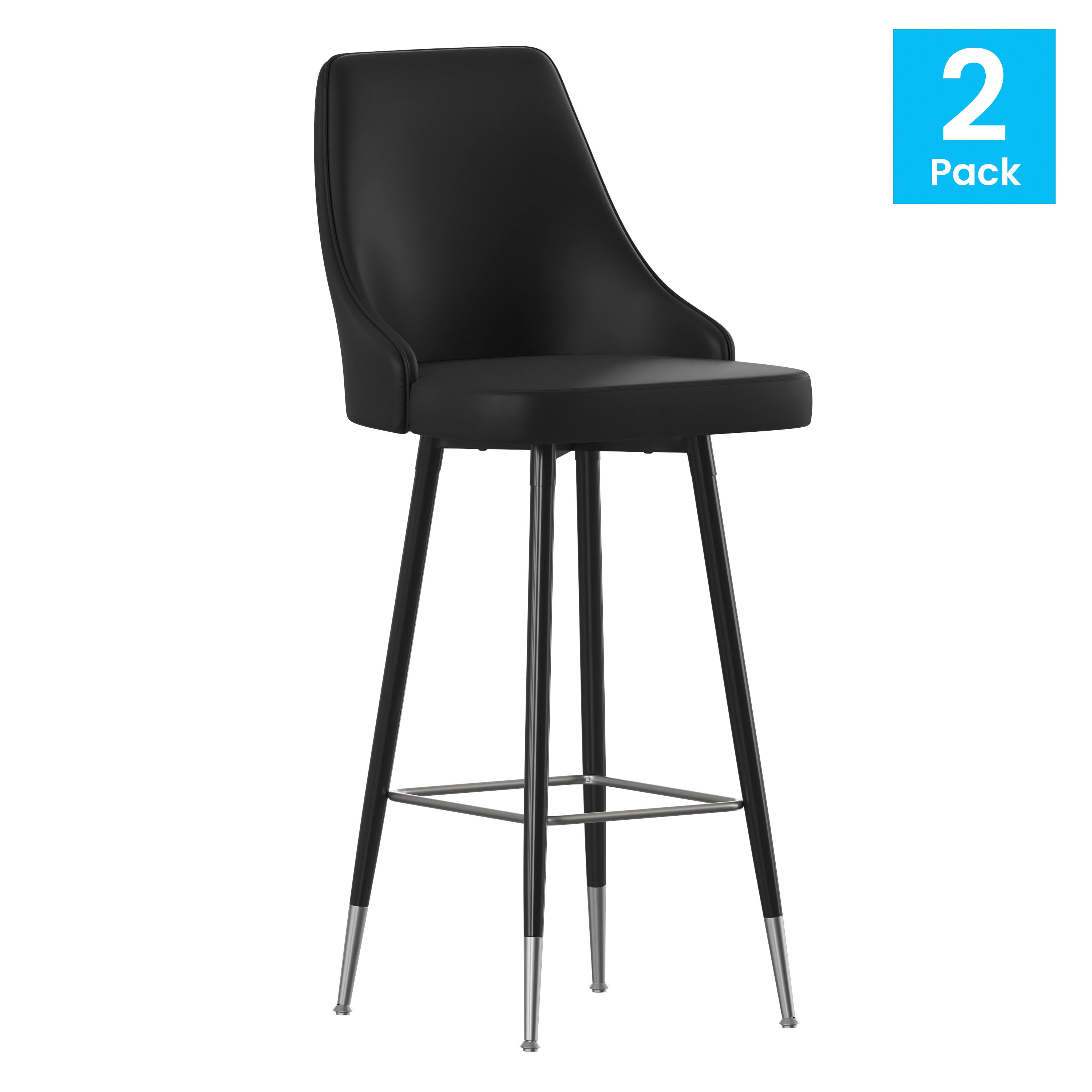 Shelly Set of 2 Commercial LeatherSoft Bar Height Stools with Solid Black Metal Frames and Chrome Accented Feet and Footrests, Black