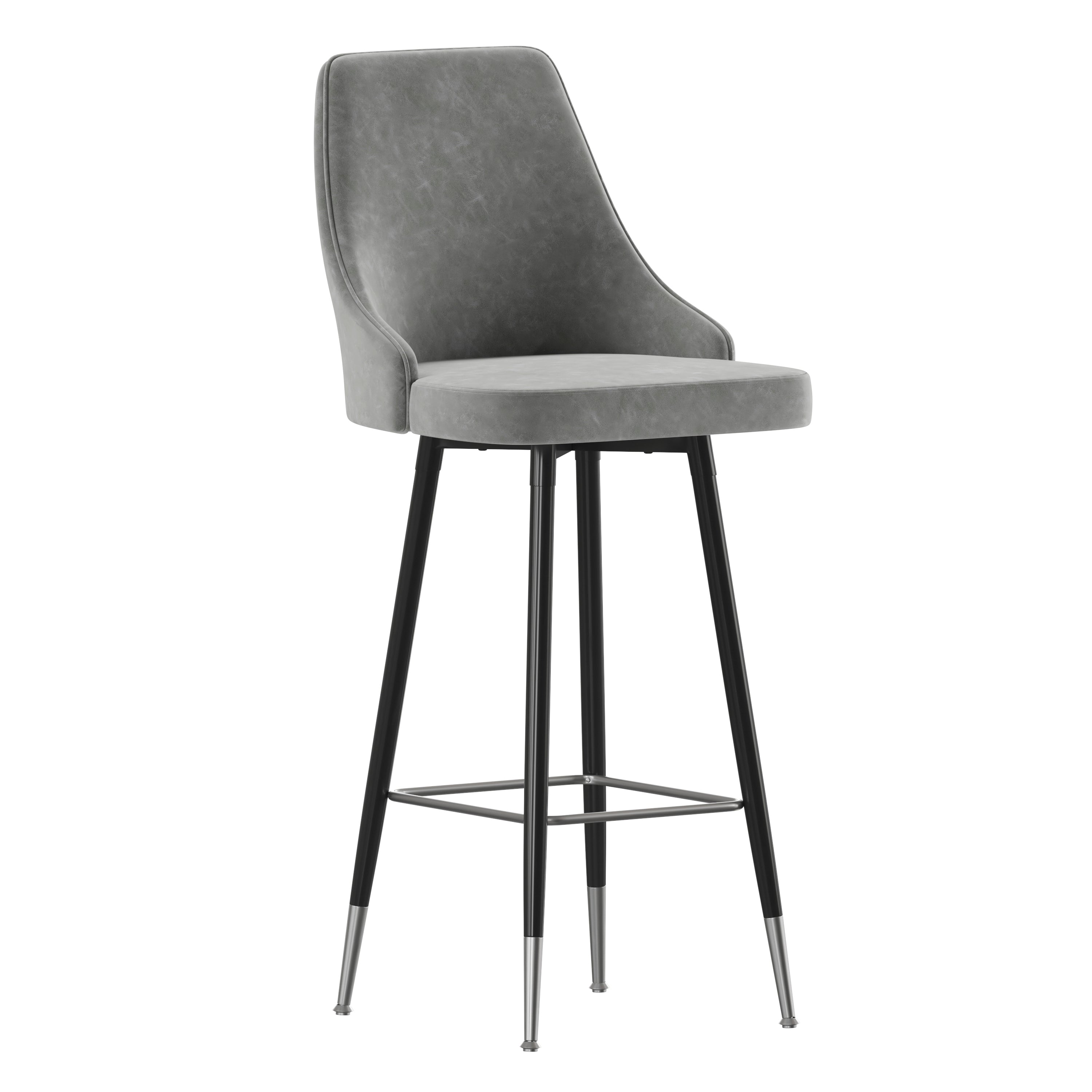 Shelly Set of 2 Commercial LeatherSoft Bar Height Stools with Solid Black Metal Frames and Chrome Accented Feet and Footrests, Gray