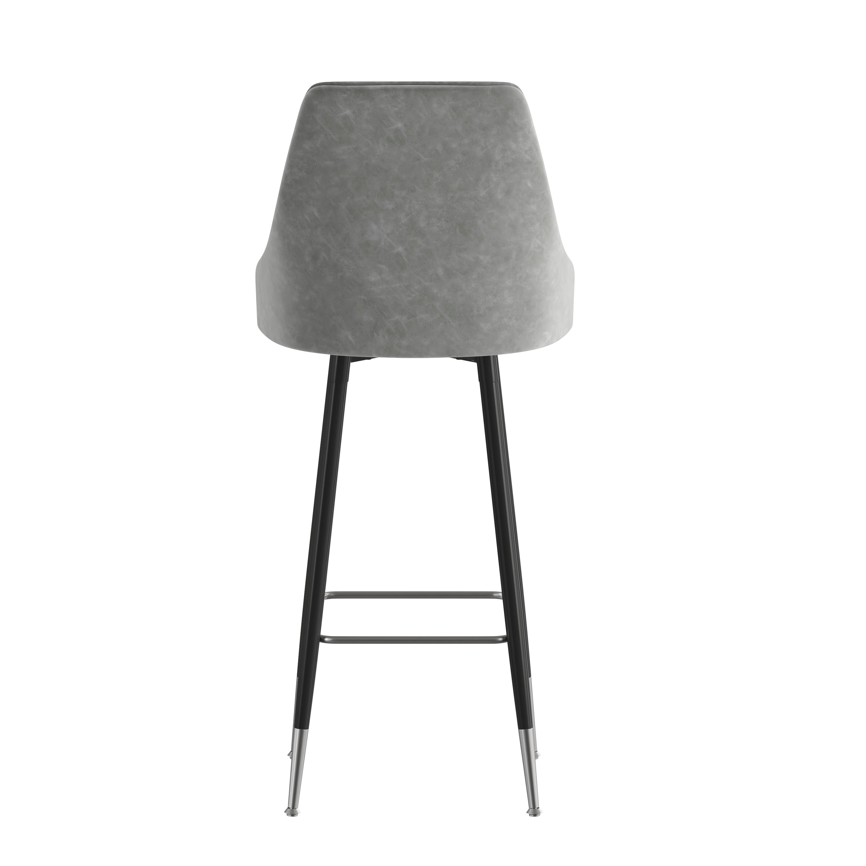 Shelly Set of 2 Commercial LeatherSoft Bar Height Stools with Solid Black Metal Frames and Chrome Accented Feet and Footrests, Gray