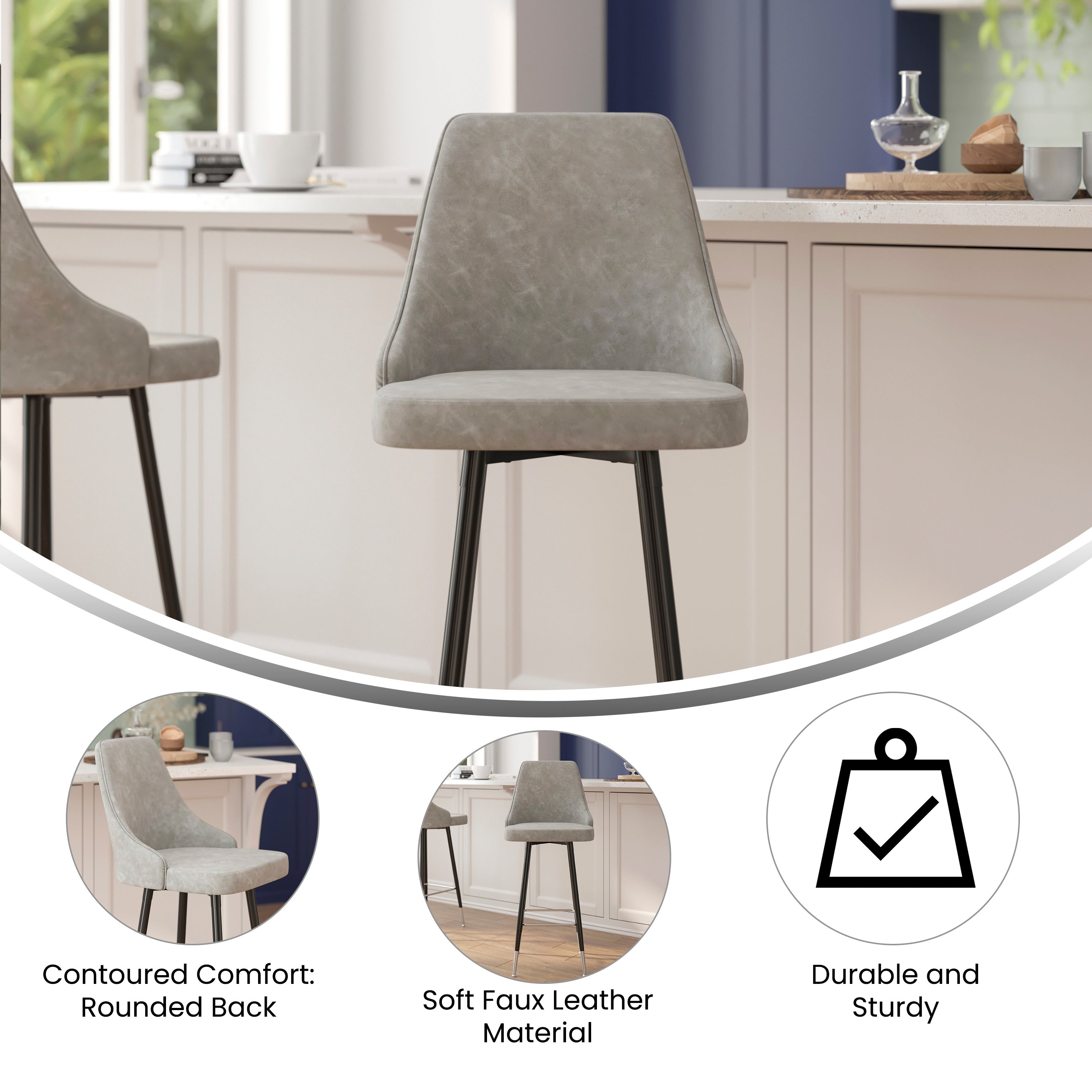 Shelly Set of 2 Commercial LeatherSoft Bar Height Stools with Solid Black Metal Frames and Chrome Accented Feet and Footrests, Gray