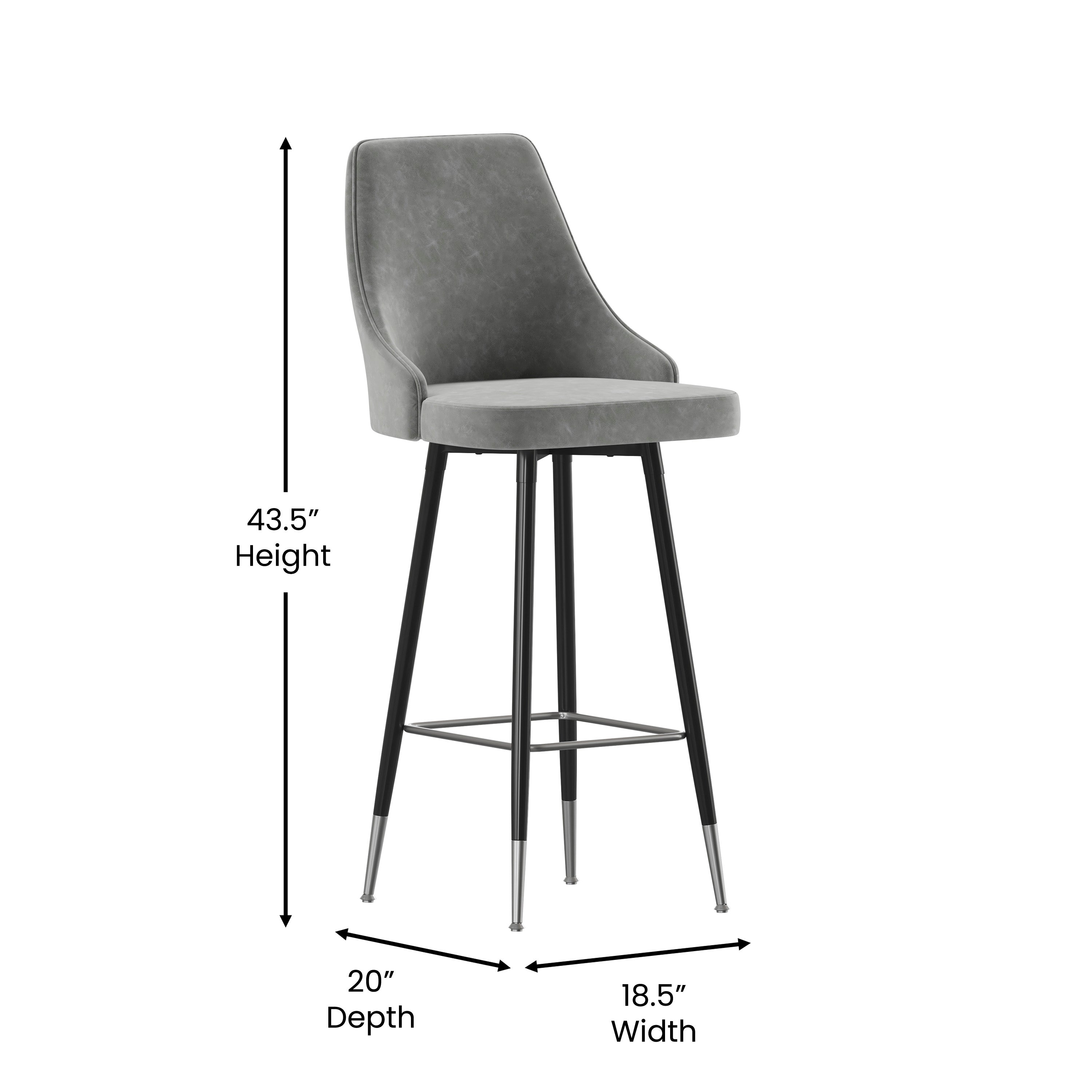 Shelly Set of 2 Commercial LeatherSoft Bar Height Stools with Solid Black Metal Frames and Chrome Accented Feet and Footrests, Gray