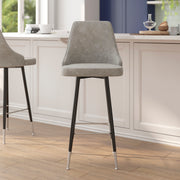 Shelly Set of 2 Commercial LeatherSoft Bar Height Stools with Solid Black Metal Frames and Chrome Accented Feet and Footrests, Gray