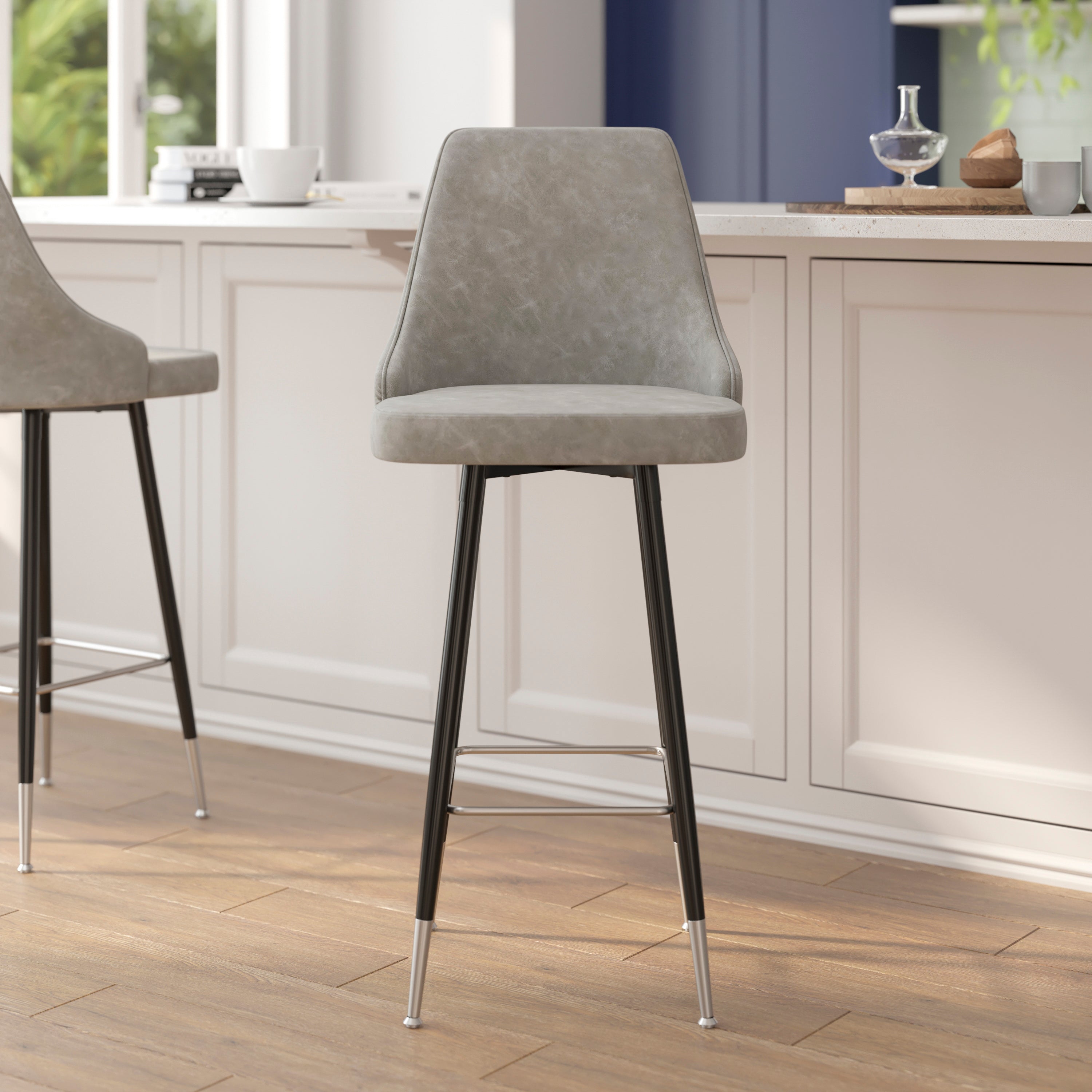 Shelly Set of 2 Commercial LeatherSoft Bar Height Stools with Solid Black Metal Frames and Chrome Accented Feet and Footrests, Gray