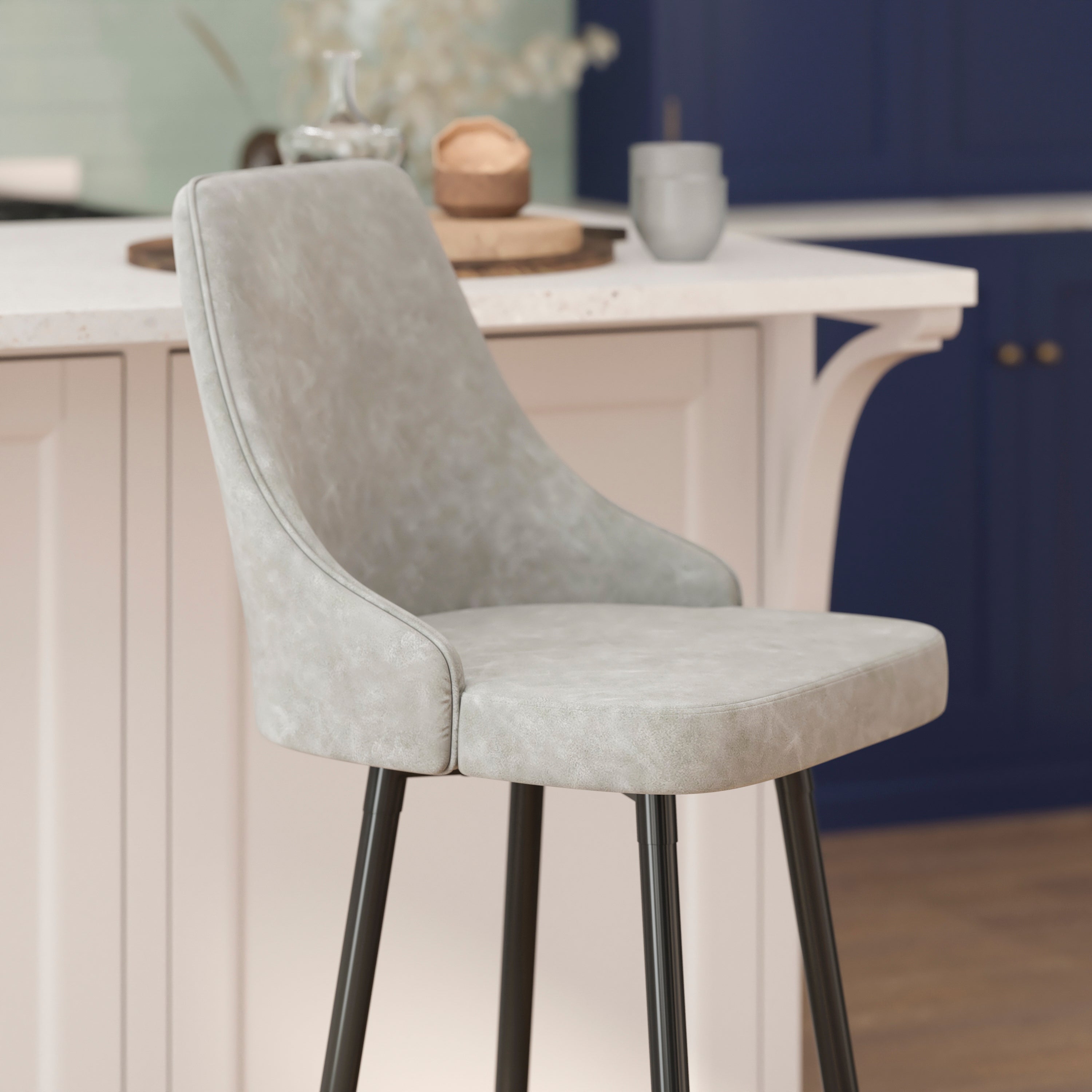 Shelly Set of 2 Commercial LeatherSoft Bar Height Stools with Solid Black Metal Frames and Chrome Accented Feet and Footrests, Gray