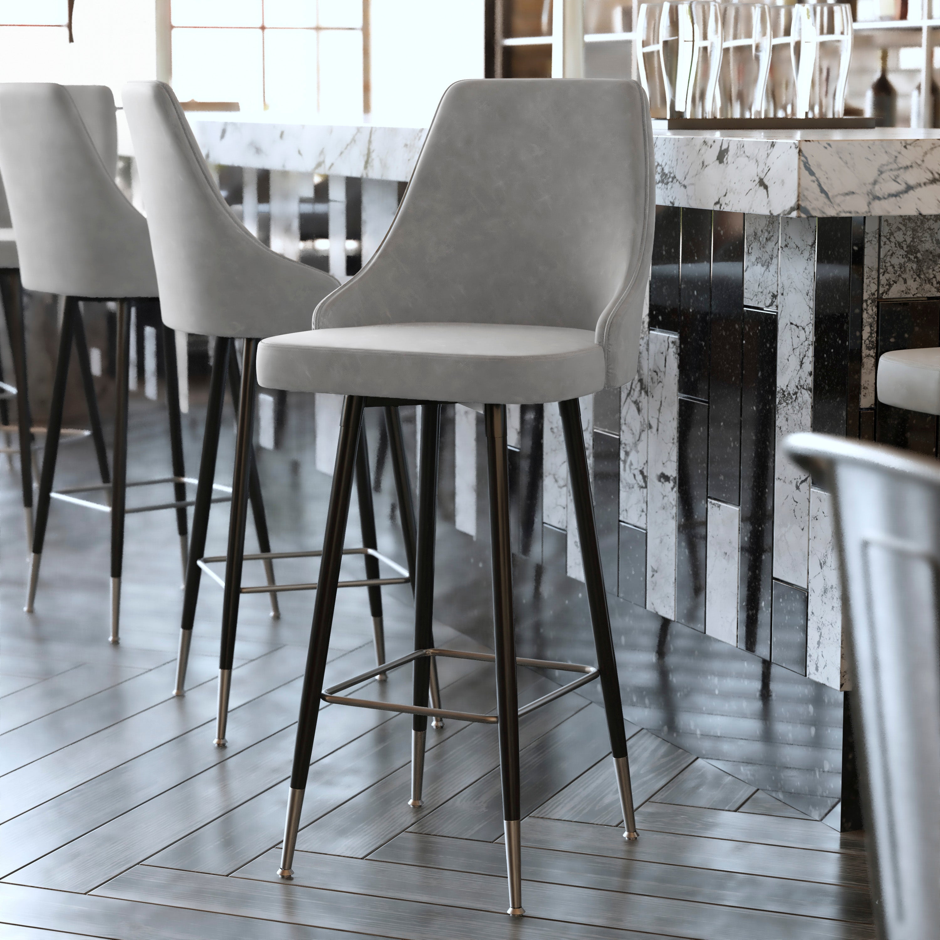 Shelly Set of 2 Commercial LeatherSoft Bar Height Stools with Solid Black Metal Frames and Chrome Accented Feet and Footrests, Gray
