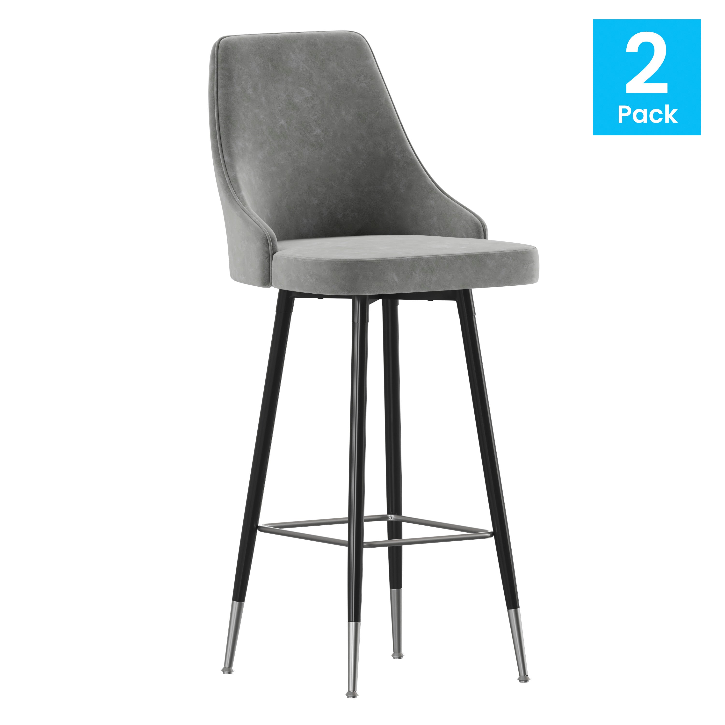 Shelly Set of 2 Commercial LeatherSoft Bar Height Stools with Solid Black Metal Frames and Chrome Accented Feet and Footrests, Gray