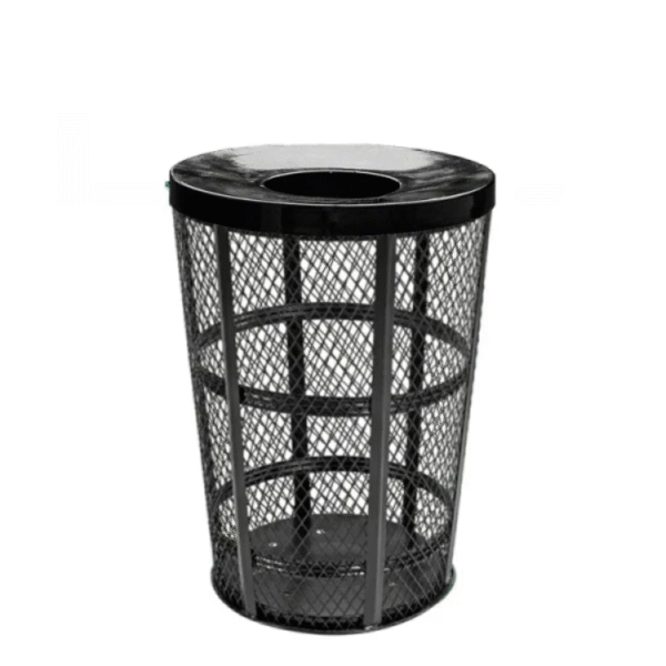 Outdoor Steel Mesh Corrosion Resistant Trash Can, 48 Gallon With Flat Top Lid (Black)