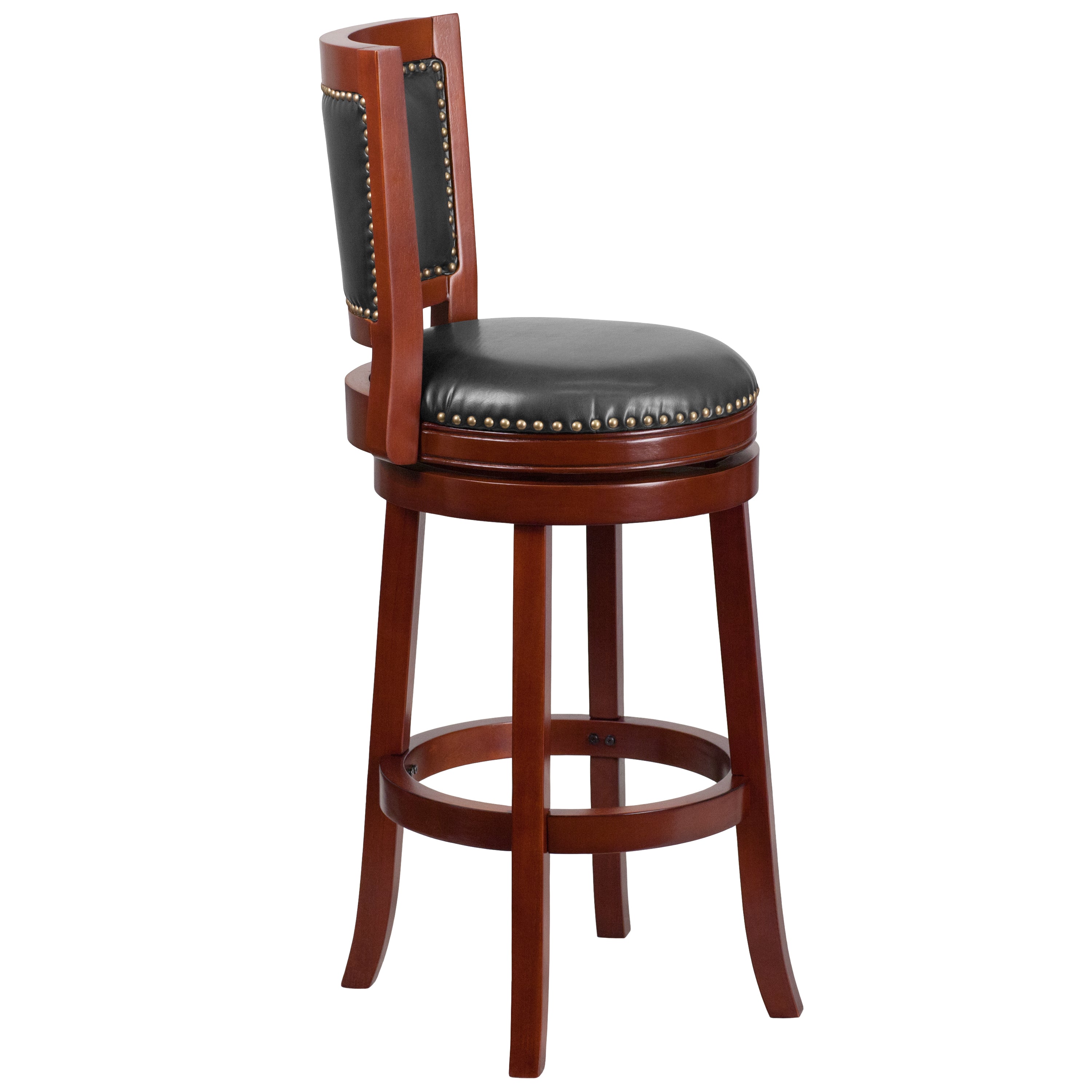 Ebert 30'' High Dark Cherry Wood Barstool with Open Panel Back and Walnut LeatherSoft Swivel Seat