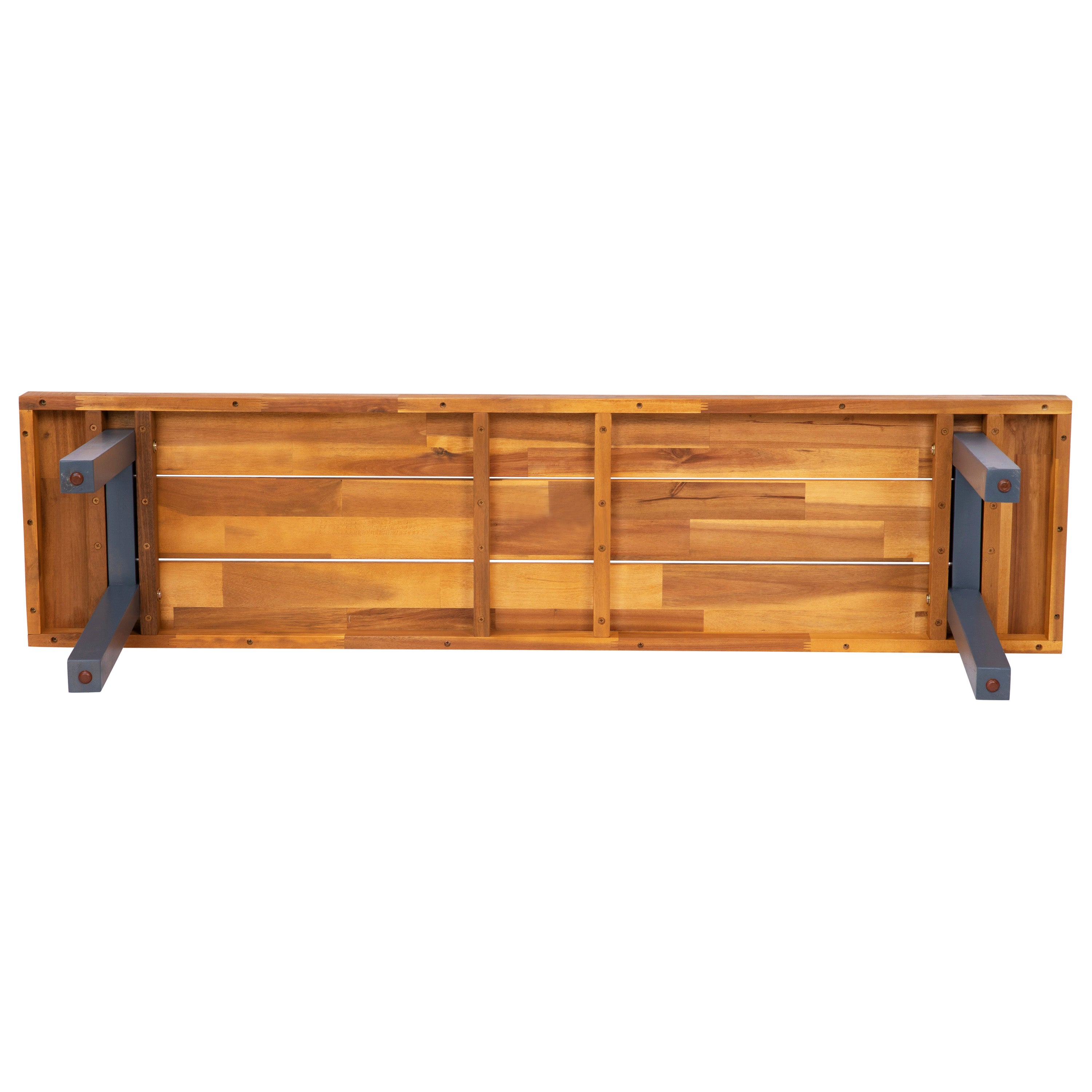 Martindale Solid Acacia Wood Patio Dining Bench for 2 with Slatted Top and Gray Flared Wooden Legs in a Natural Finish