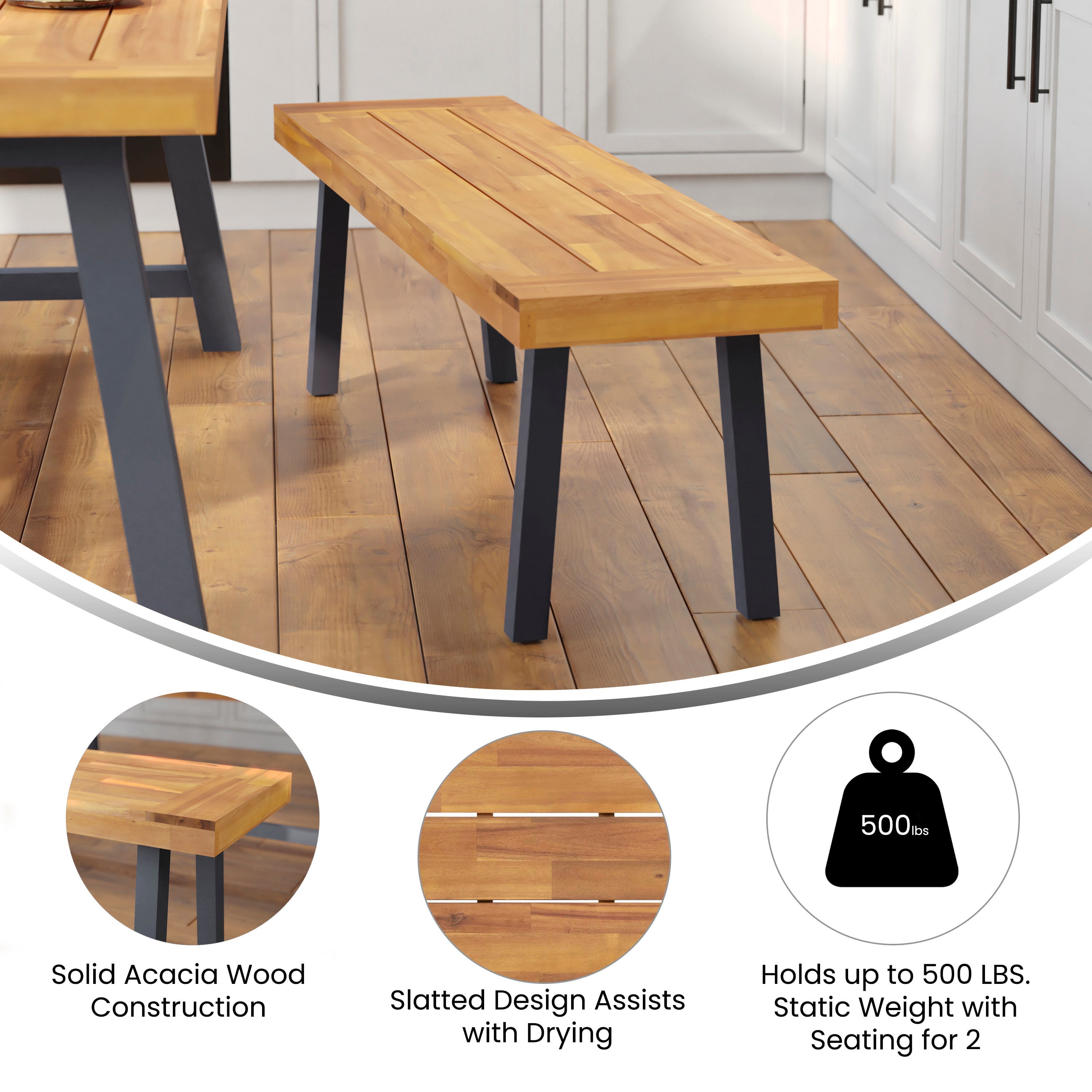 Martindale Solid Acacia Wood Patio Dining Bench for 2 with Slatted Top and Gray Flared Wooden Legs in a Natural Finish