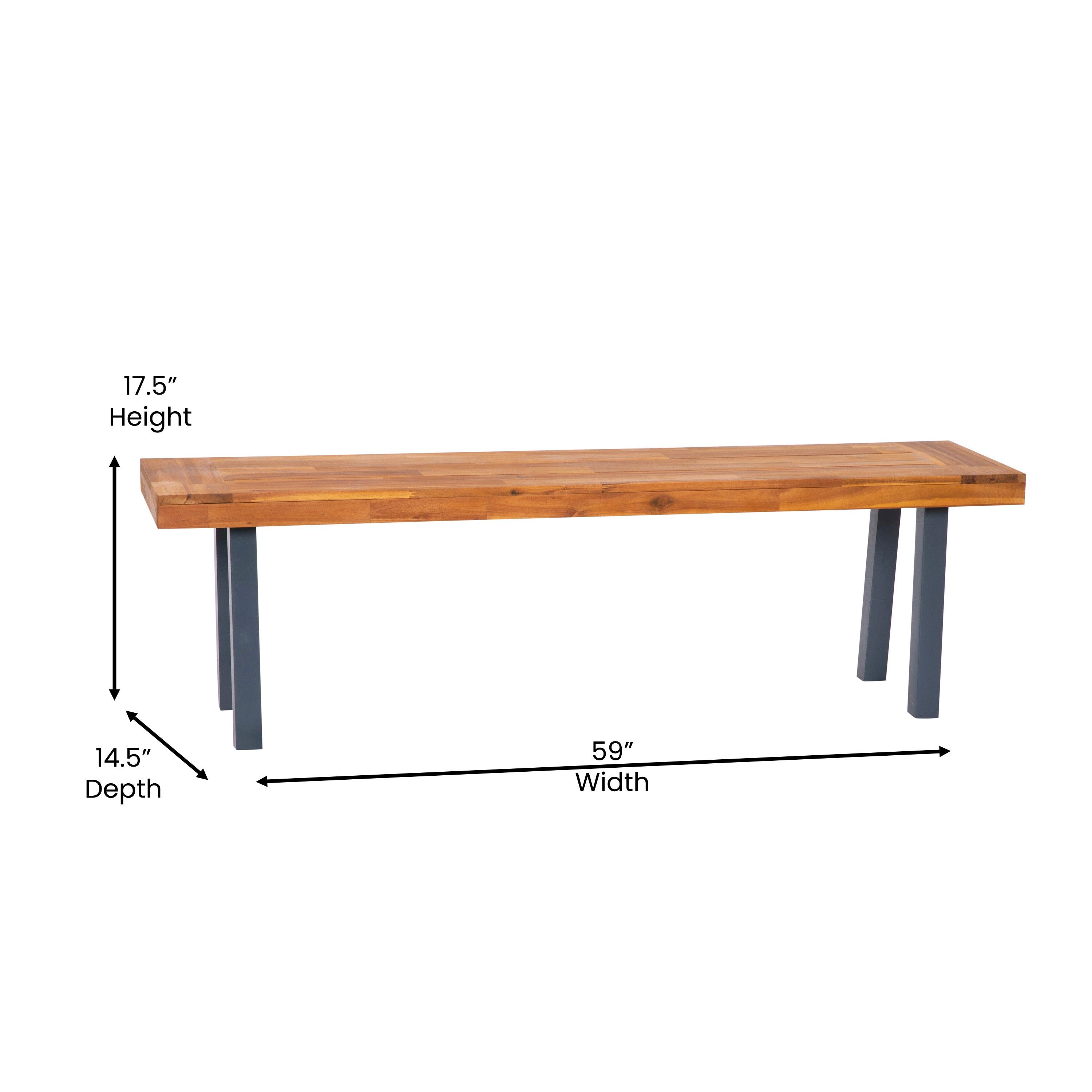 Martindale Solid Acacia Wood Patio Dining Bench for 2 with Slatted Top and Gray Flared Wooden Legs in a Natural Finish