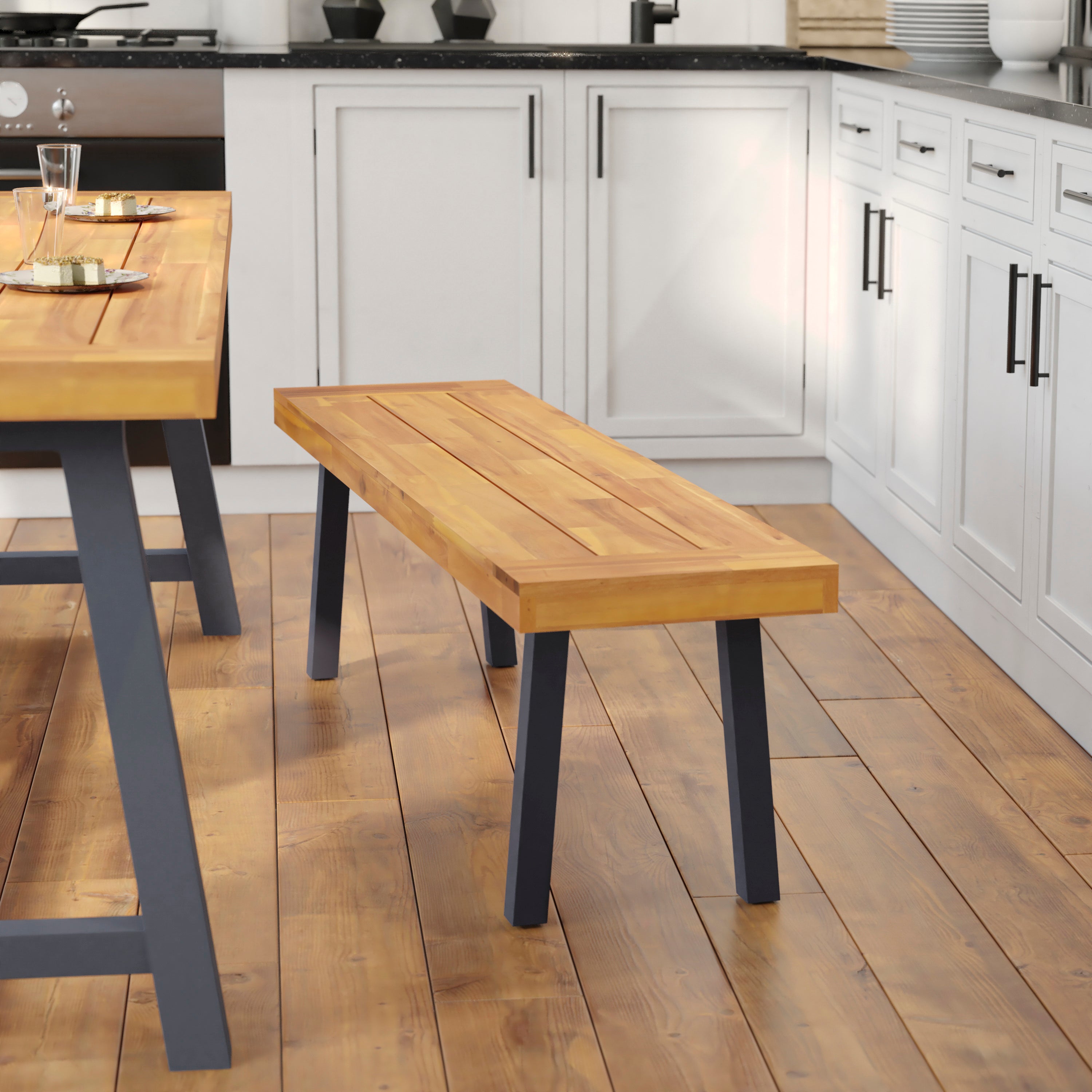 Martindale Solid Acacia Wood Patio Dining Bench for 2 with Slatted Top and Gray Flared Wooden Legs in a Natural Finish