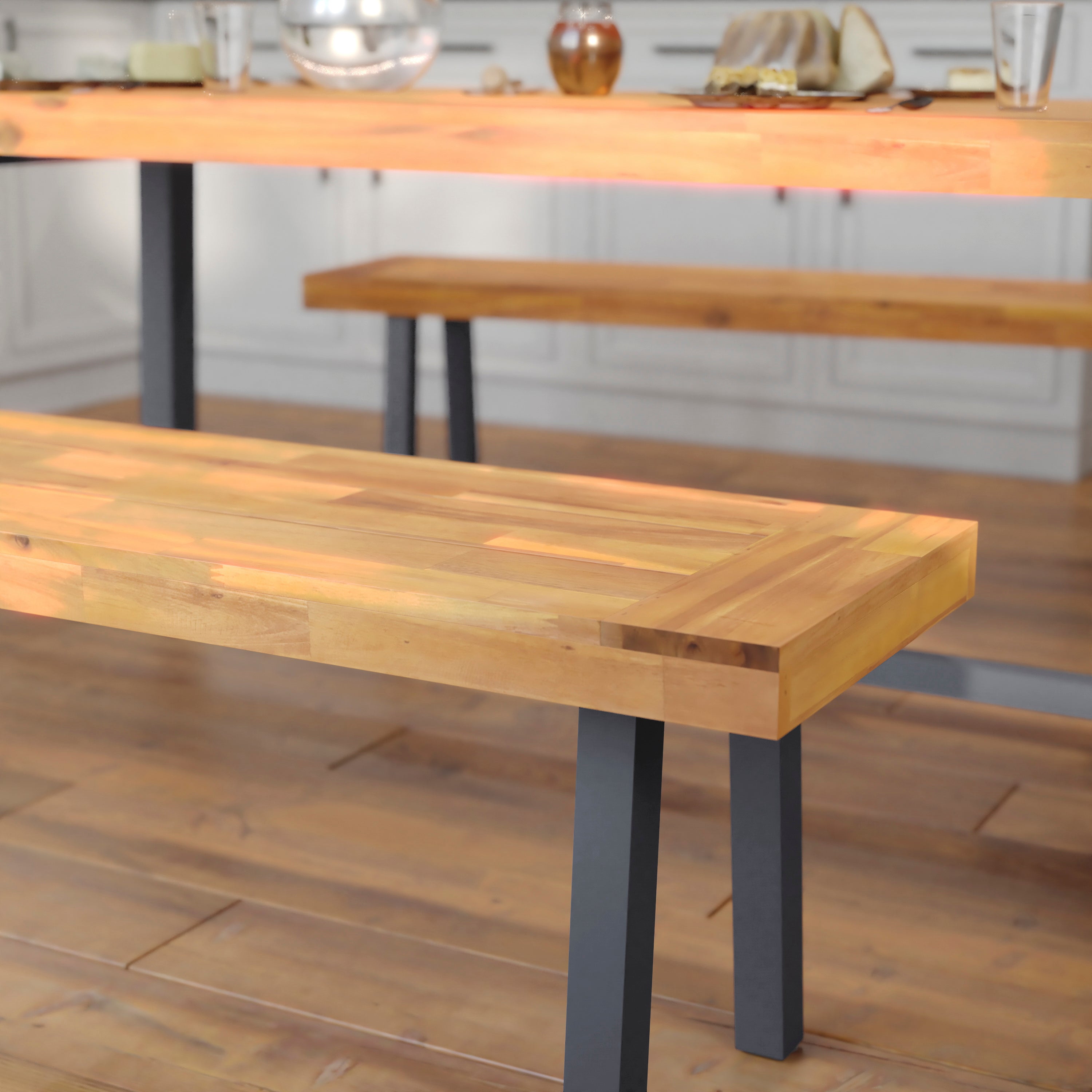 Martindale Solid Acacia Wood Patio Dining Bench for 2 with Slatted Top and Gray Flared Wooden Legs in a Natural Finish