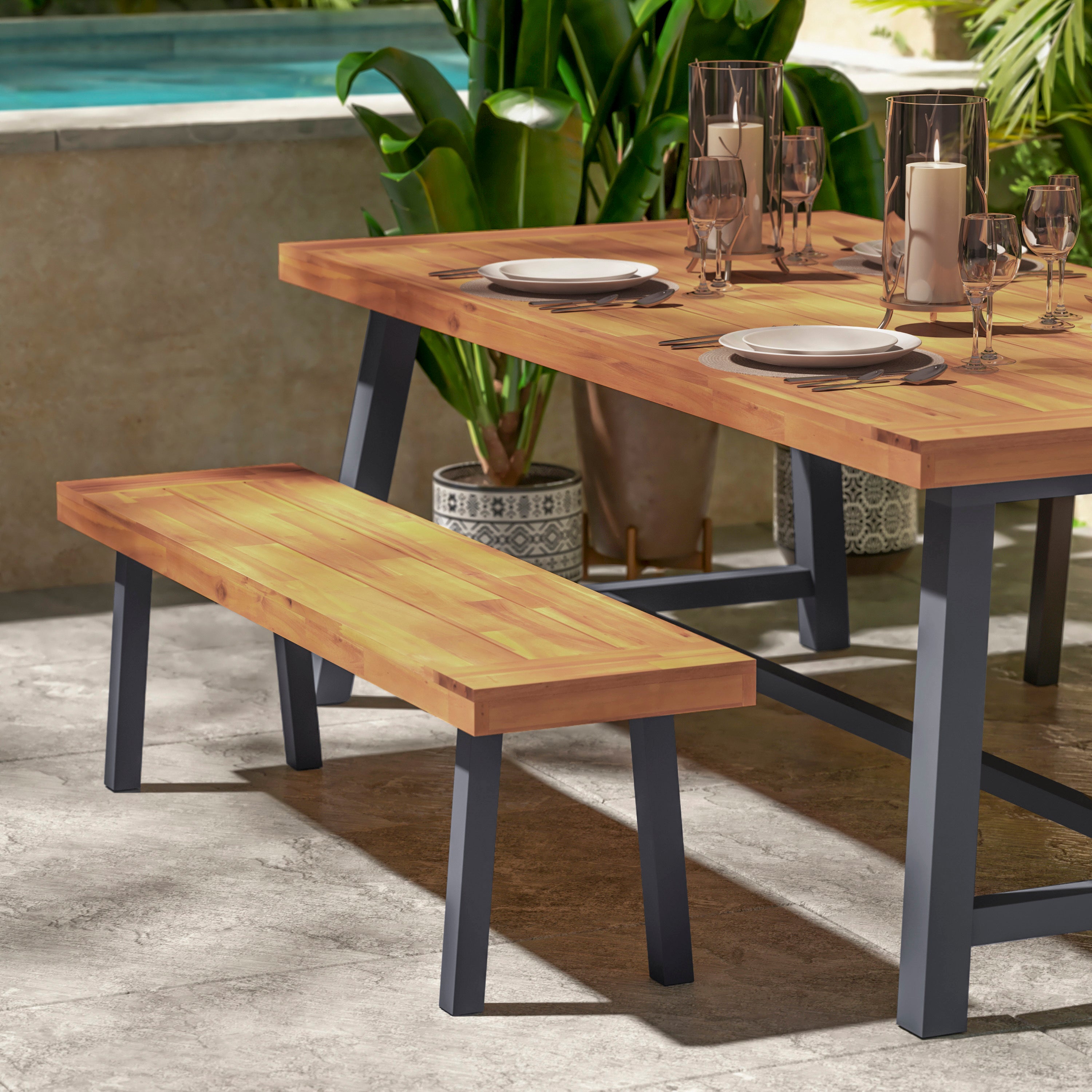 Martindale Solid Acacia Wood Patio Dining Bench for 2 with Slatted Top and Gray Flared Wooden Legs in a Natural Finish
