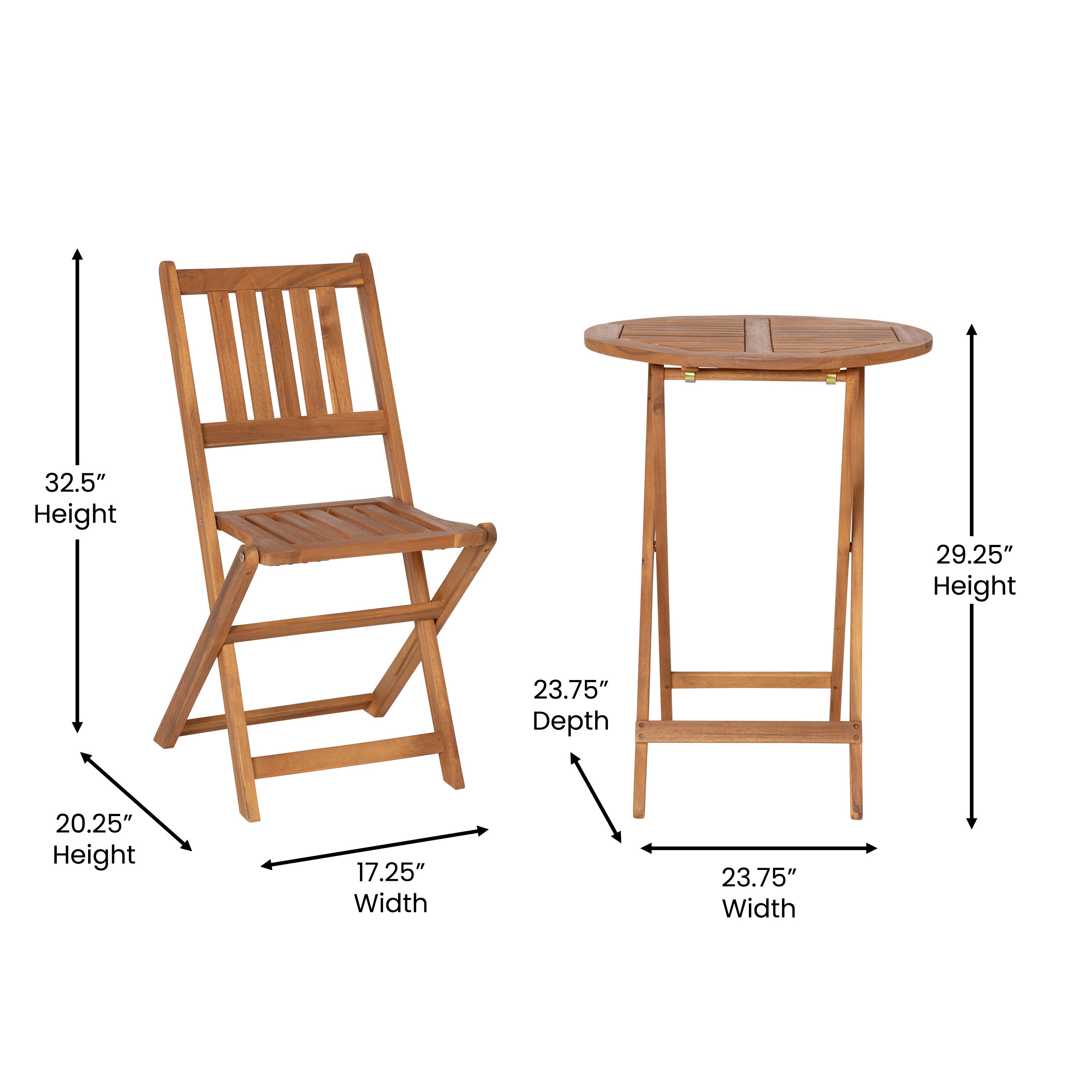Martindale 3 Piece Folding Patio Bistro Set, Indoor/Outdoor Acacia Round Wood Table and 2 Chair Set with Slatted Design, Natural Finish