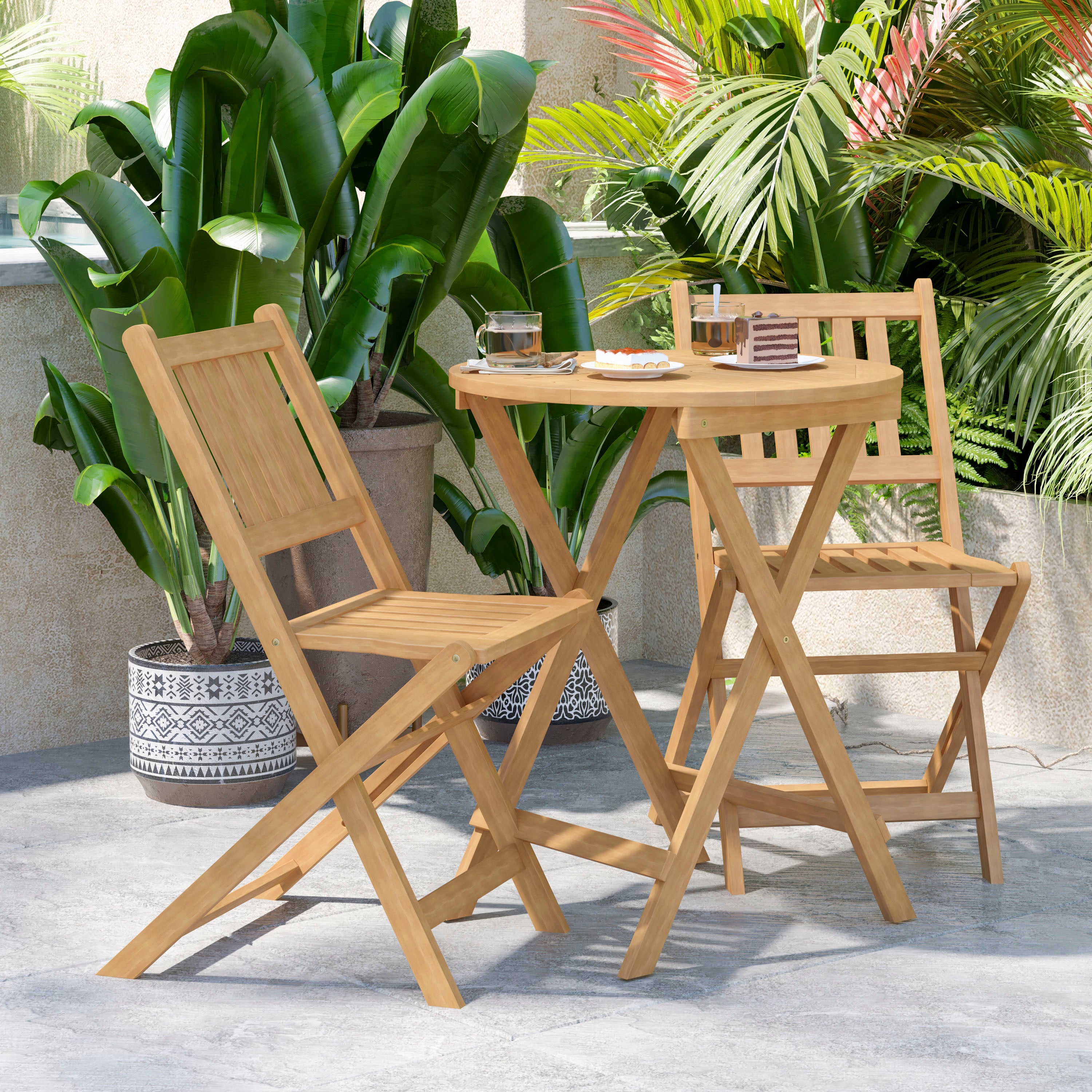 Martindale 3 Piece Folding Patio Bistro Set, Indoor/Outdoor Acacia Round Wood Table and 2 Chair Set with Slatted Design, Natural Finish