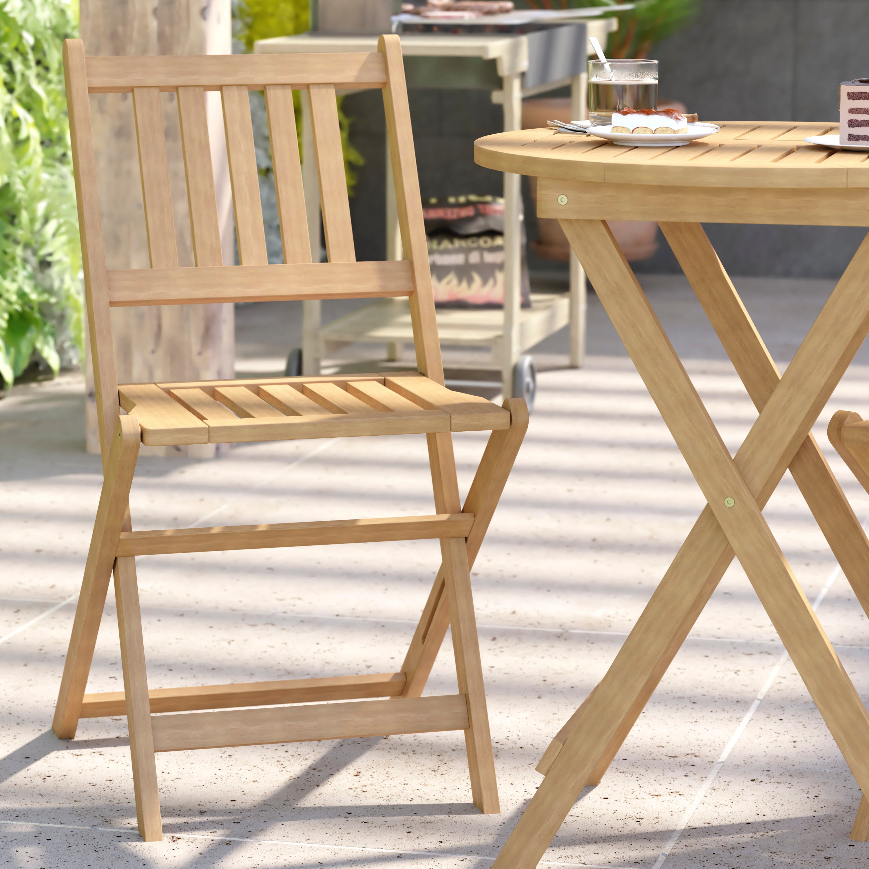 Martindale 3 Piece Folding Patio Bistro Set, Indoor/Outdoor Acacia Round Wood Table and 2 Chair Set with Slatted Design, Natural Finish