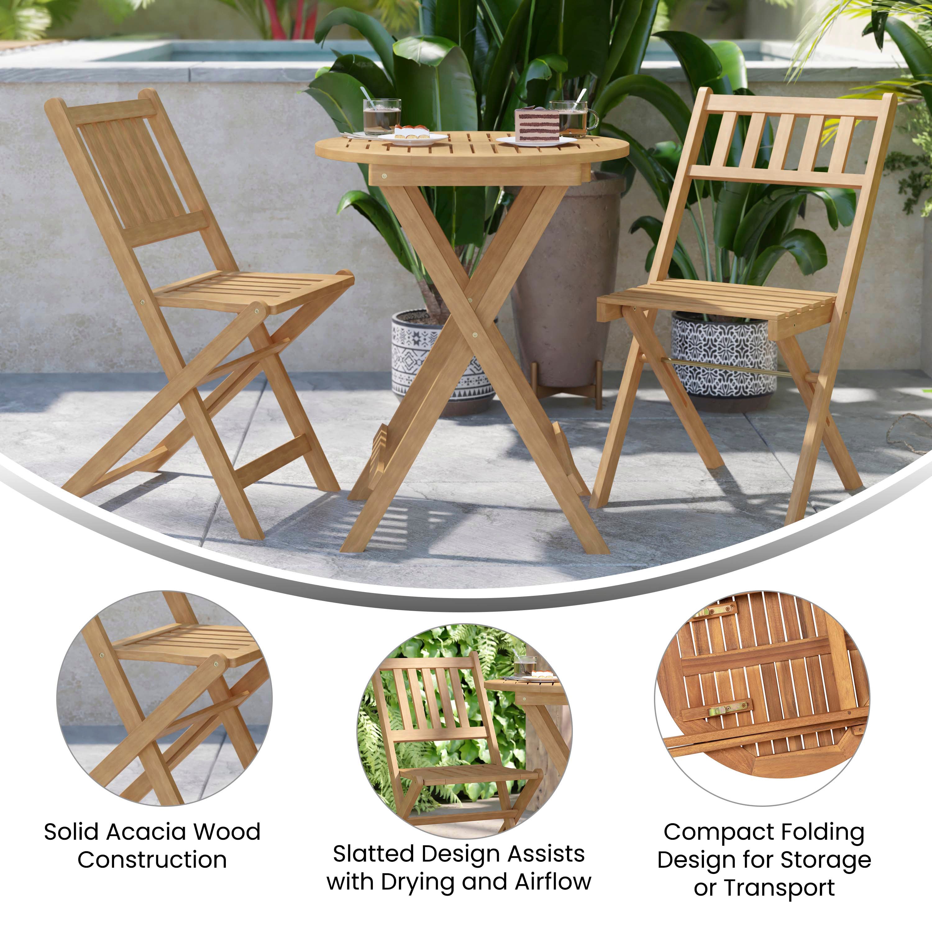 Martindale 3 Piece Folding Patio Bistro Set, Indoor/Outdoor Acacia Round Wood Table and 2 Chair Set with Slatted Design, Natural Finish