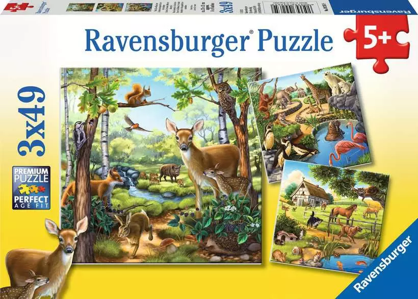 Forest/Zoo/Domestic Animals - Children's Puzzle, 3 Puzzles x 49 Pieces