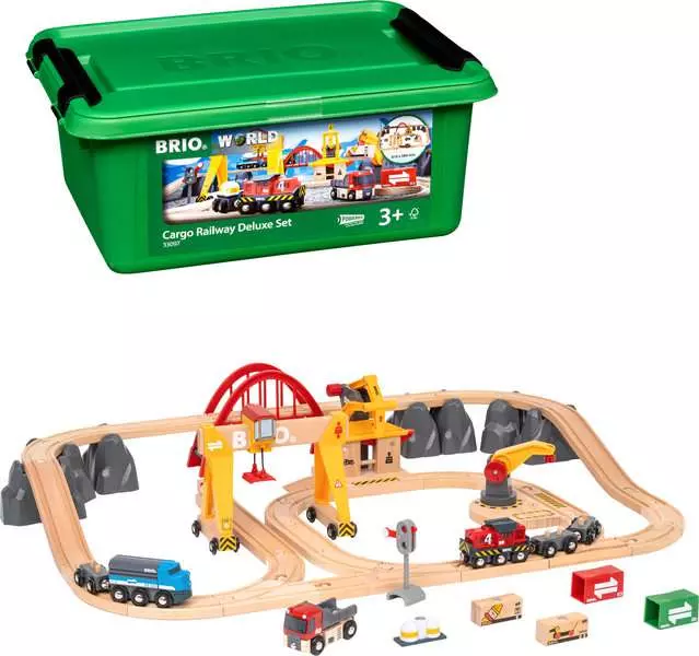 Cargo Railway Deluxe Set - Train Toy with Wooden Tracks and Accessories, 54 Pieces