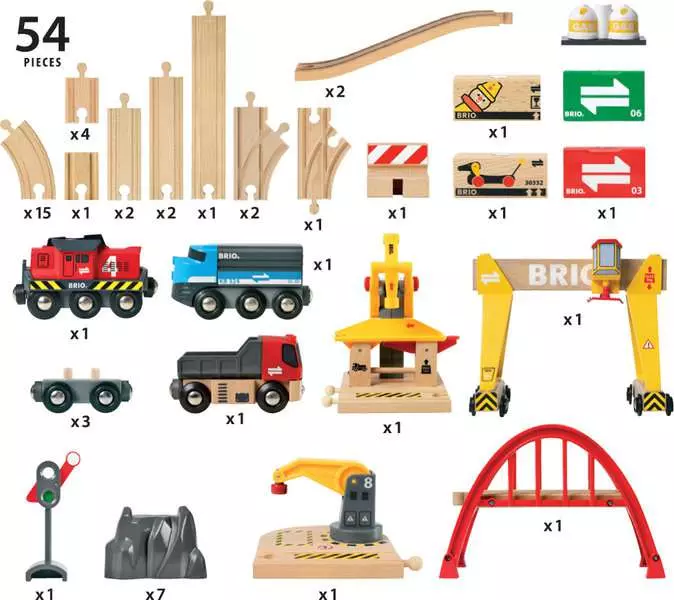 Cargo Railway Deluxe Set - Train Toy with Wooden Tracks and Accessories, 54 Pieces