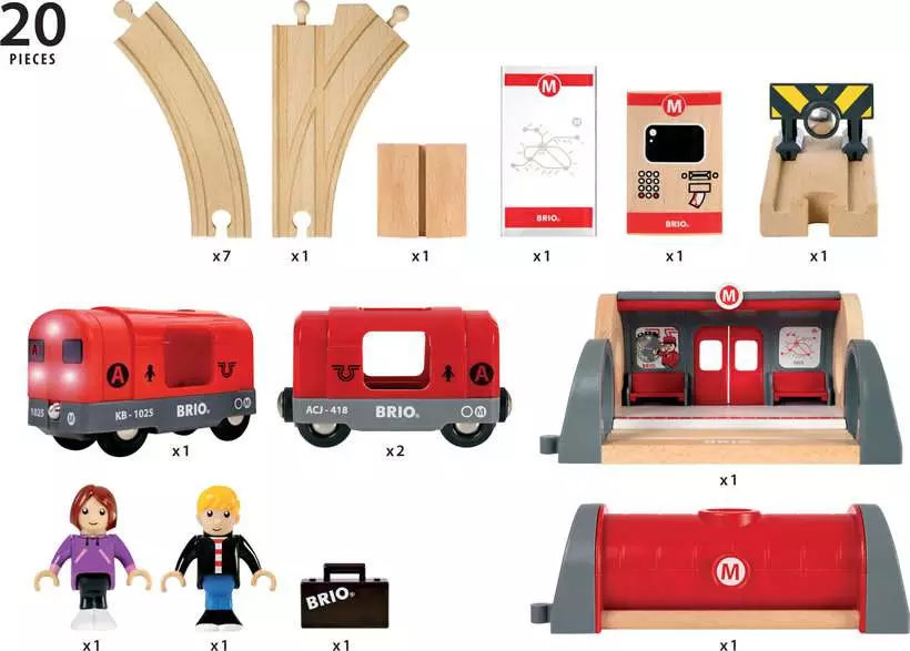 Metro Railway Set - Train Toy Set with Accessories and Wooden Tracks, 20 Pieces