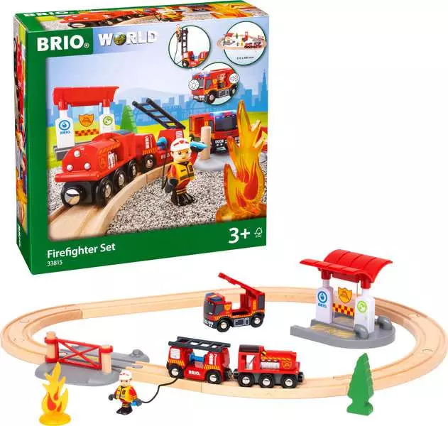 Rescue Firefighter Set - Train Toy with Fire Truck, Wooden Tracks and Accessories, 18 Pieces