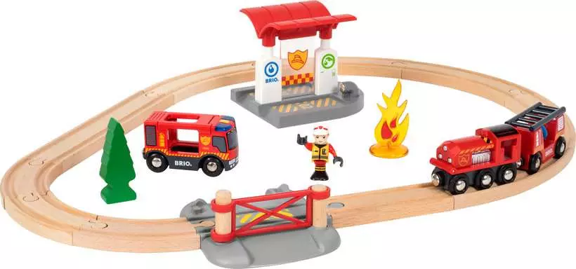 Rescue Firefighter Set - Train Toy with Fire Truck, Wooden Tracks and Accessories, 18 Pieces