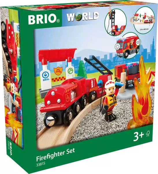 Rescue Firefighter Set - Train Toy with Fire Truck, Wooden Tracks and Accessories, 18 Pieces