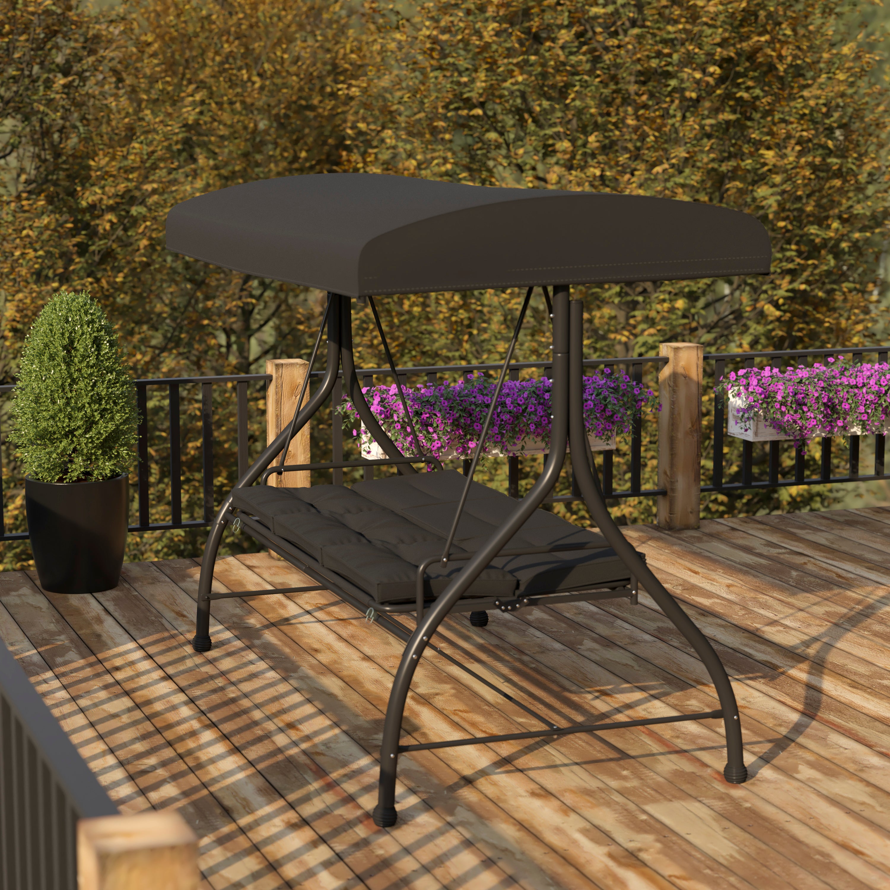 Tellis 3-Seat Outdoor Steel Converting Patio Swing Canopy Hammock with Cushions / Outdoor Swing Bed (Black)