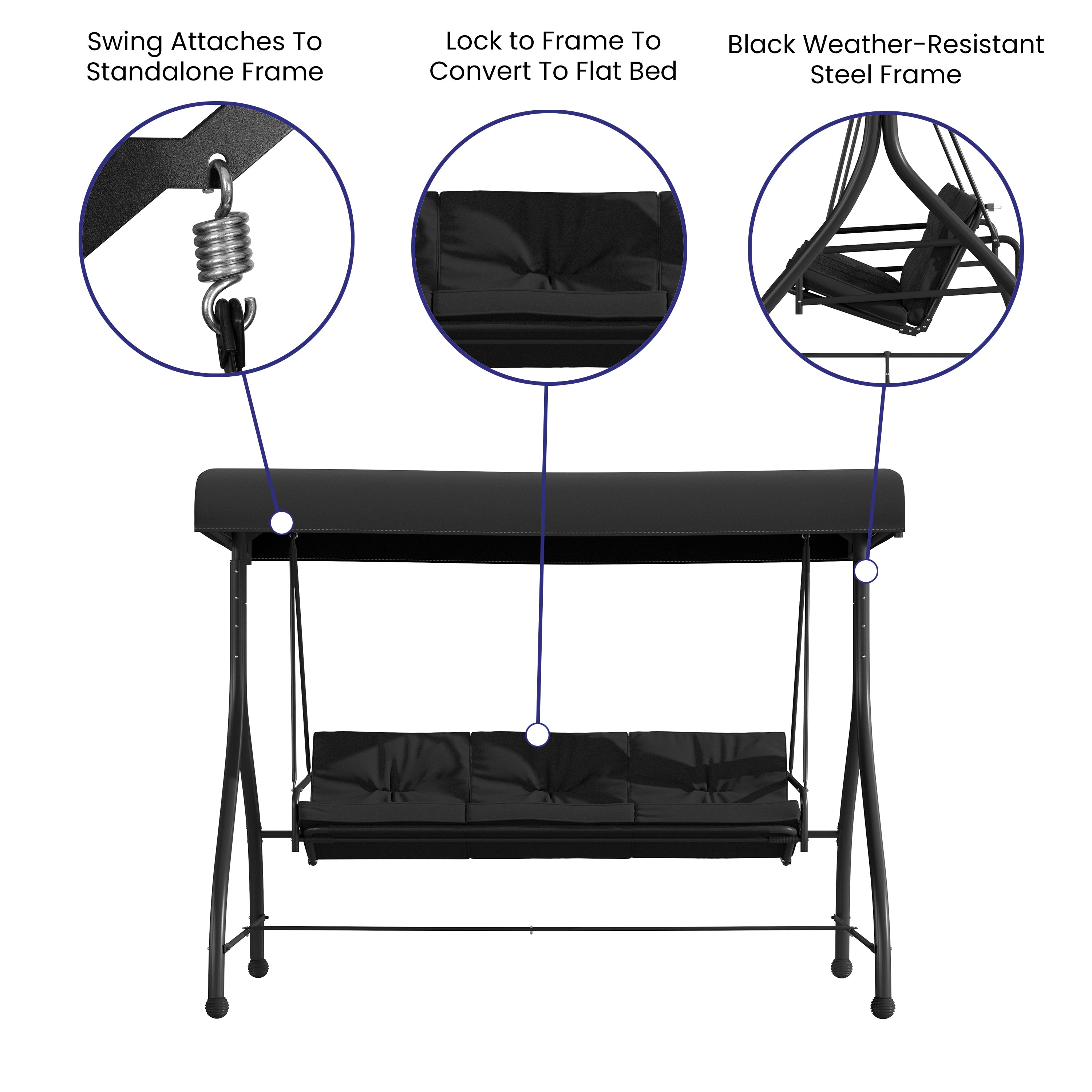 Tellis 3-Seat Outdoor Steel Converting Patio Swing Canopy Hammock with Cushions / Outdoor Swing Bed (Black)