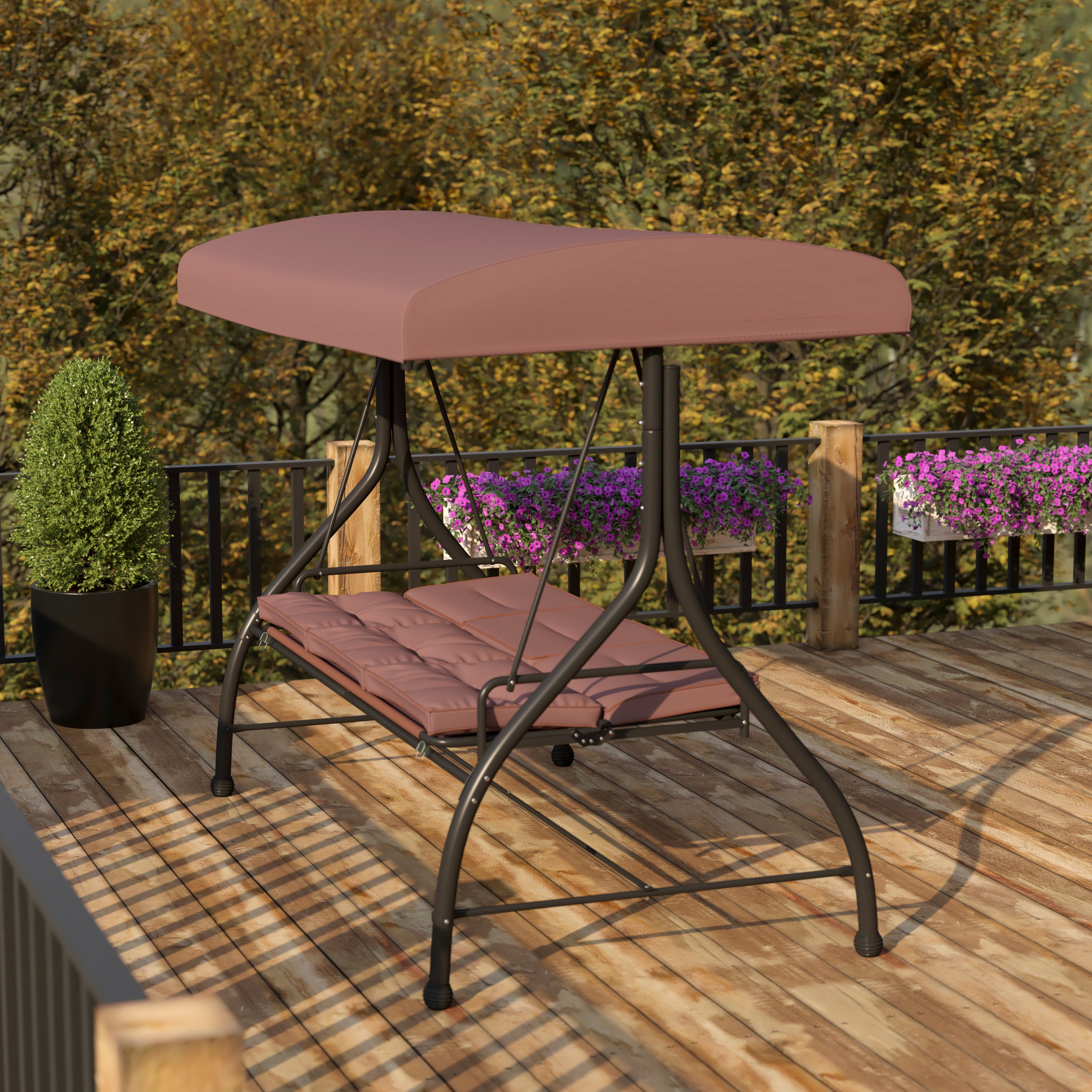 Tellis 3-Seat Outdoor Steel Converting Patio Swing Canopy Hammock with Cushions / Outdoor Swing Bed (Brown)