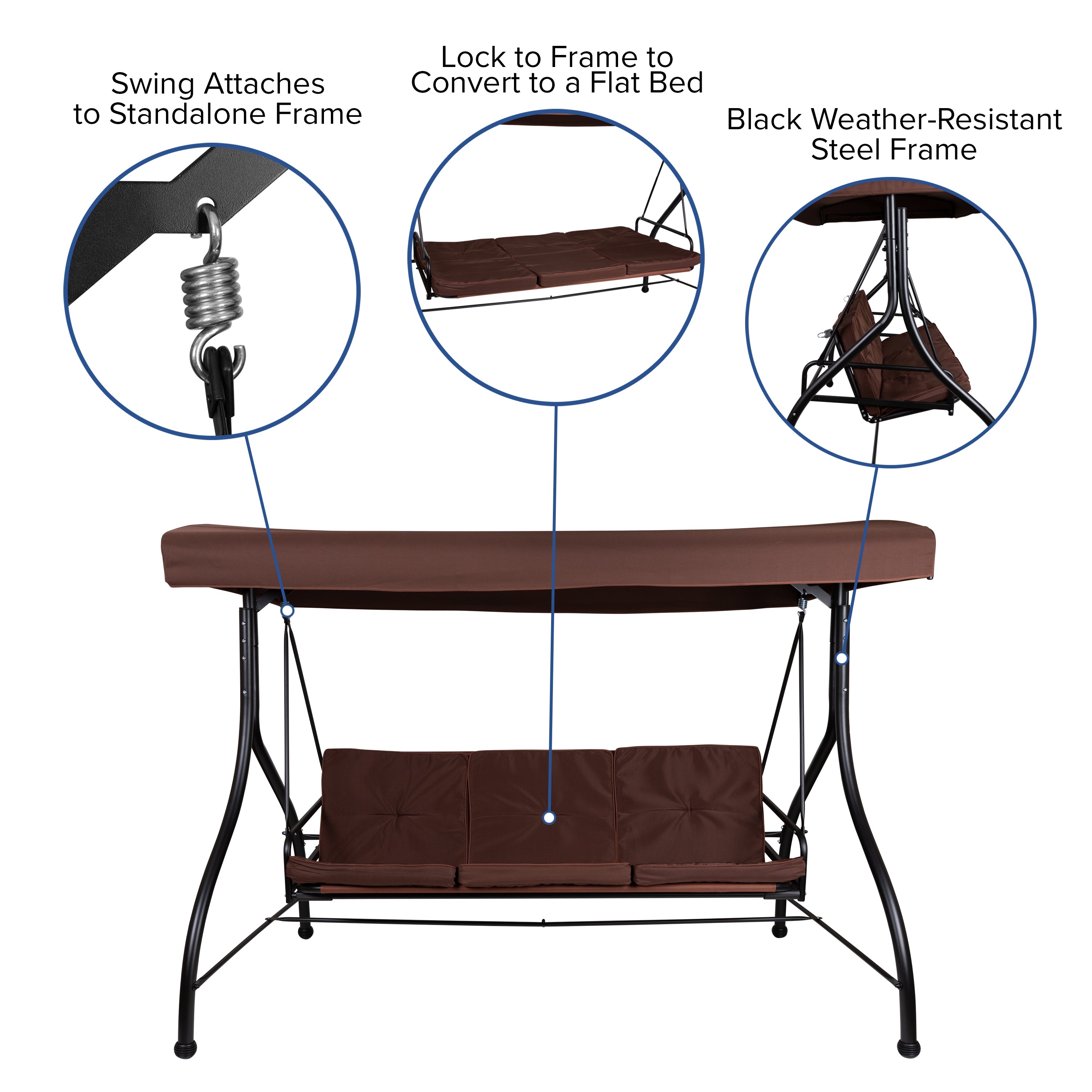 Tellis 3-Seat Outdoor Steel Converting Patio Swing Canopy Hammock with Cushions / Outdoor Swing Bed (Brown)
